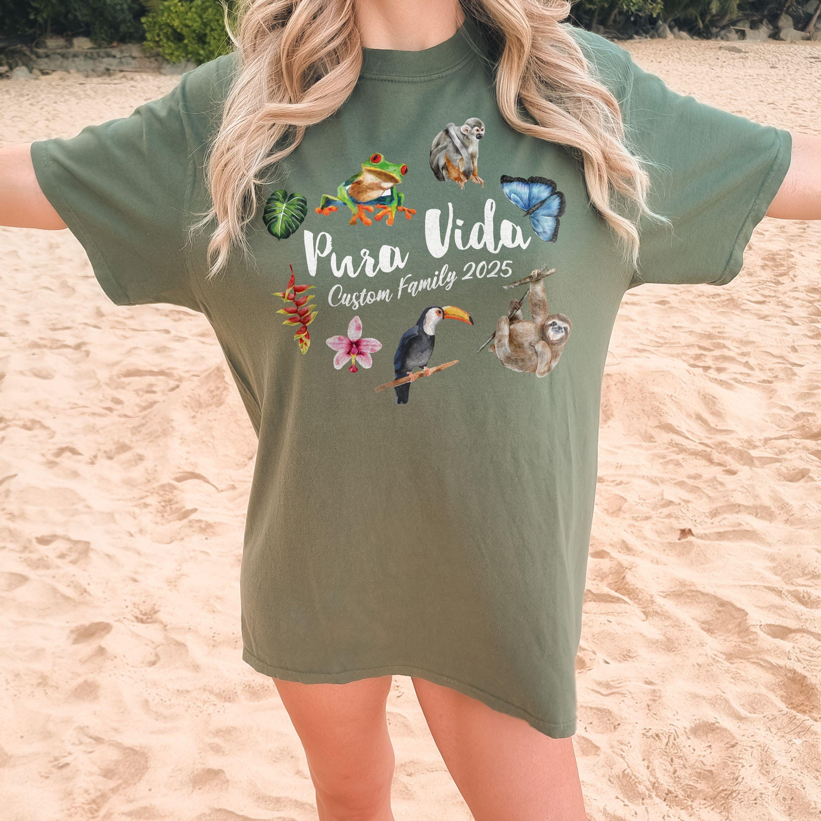 Costa Rica Pura Vida sloth and toucan design on Comfort Colors Moss matching family vacation shirt.