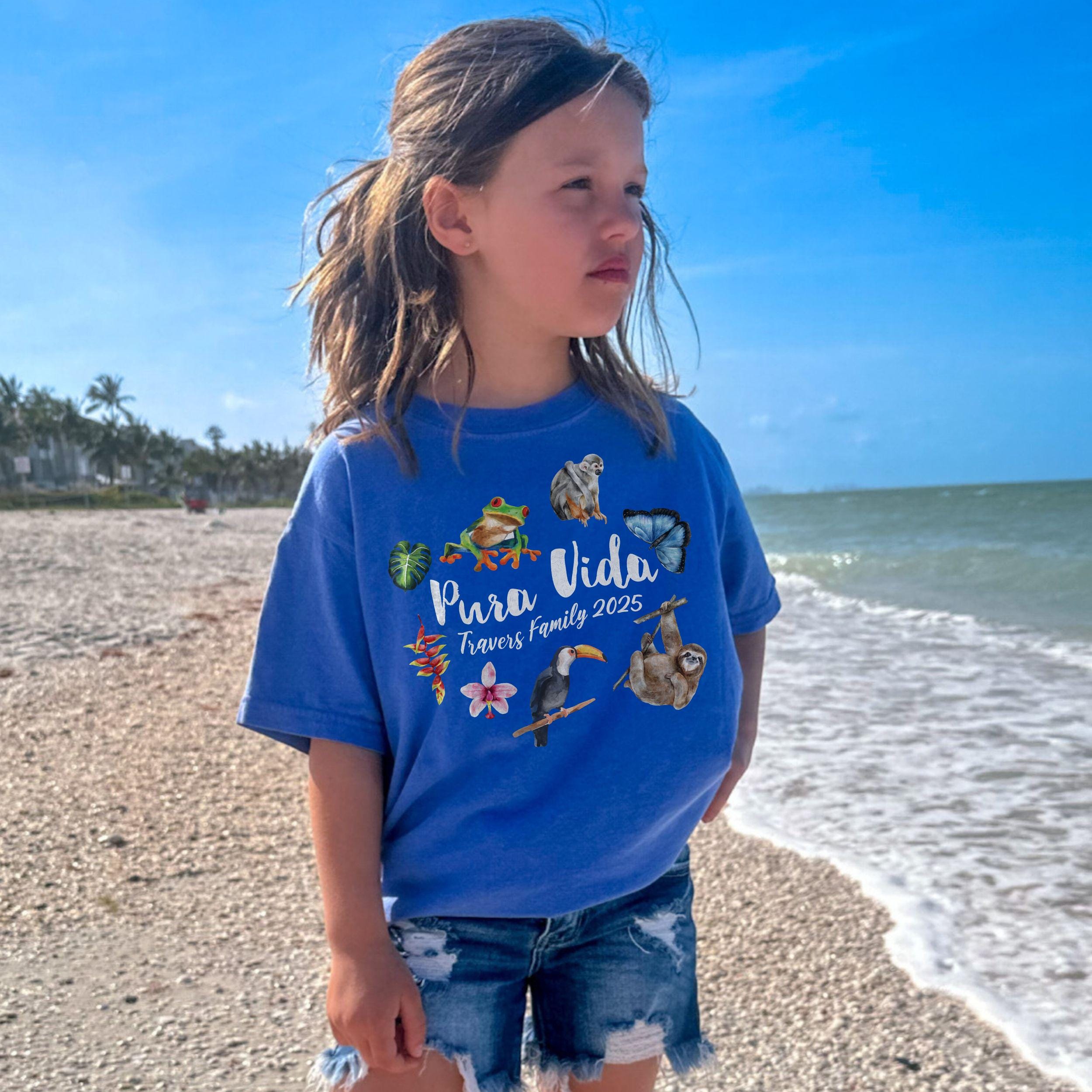 Costa Rica Pura Vida sloth and toucan design on Comfort Colors Flo Blue matching family vacation shirt.