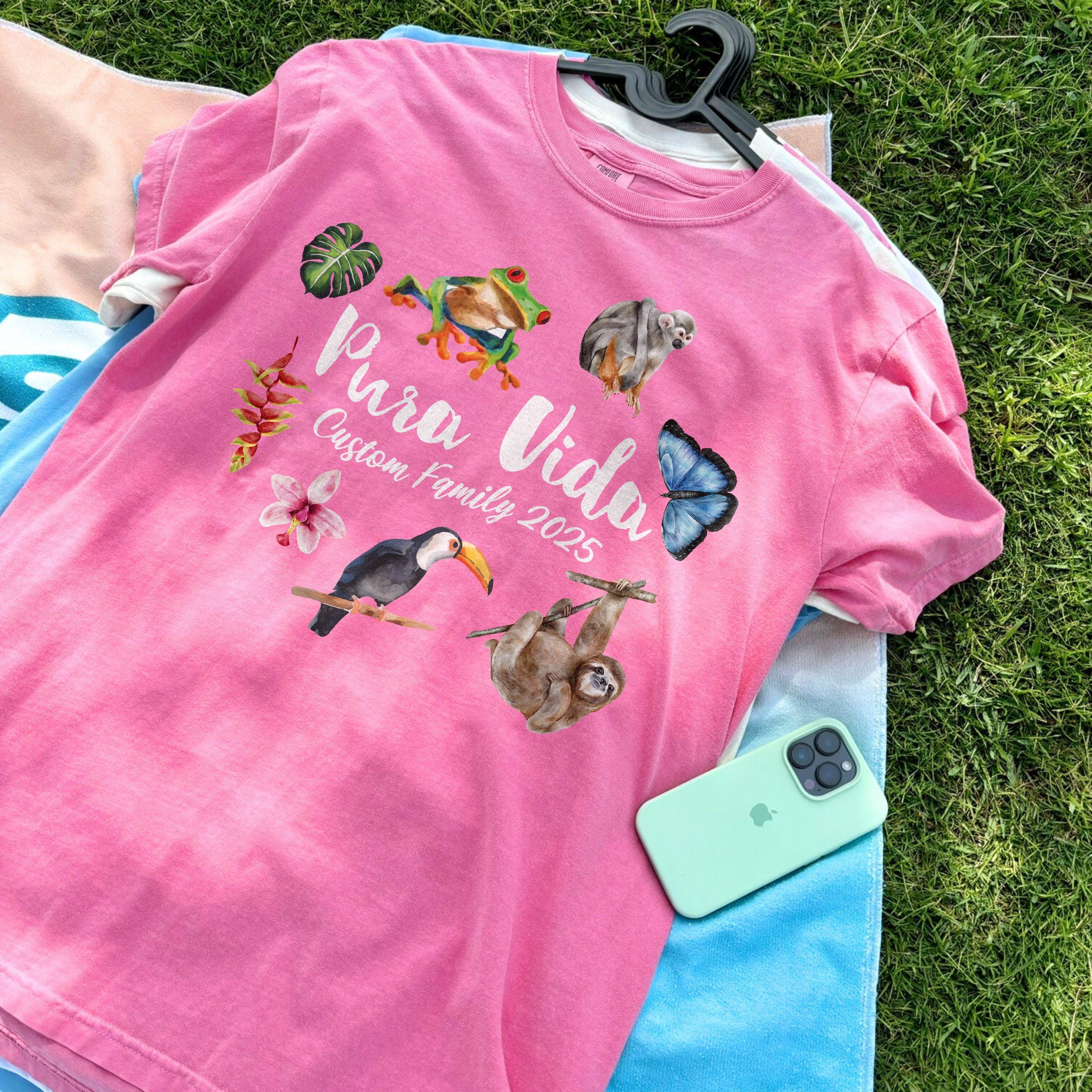 Costa Rica Pura Vida sloth and toucan design on Comfort Colors Crunchberry matching family vacation shirt.