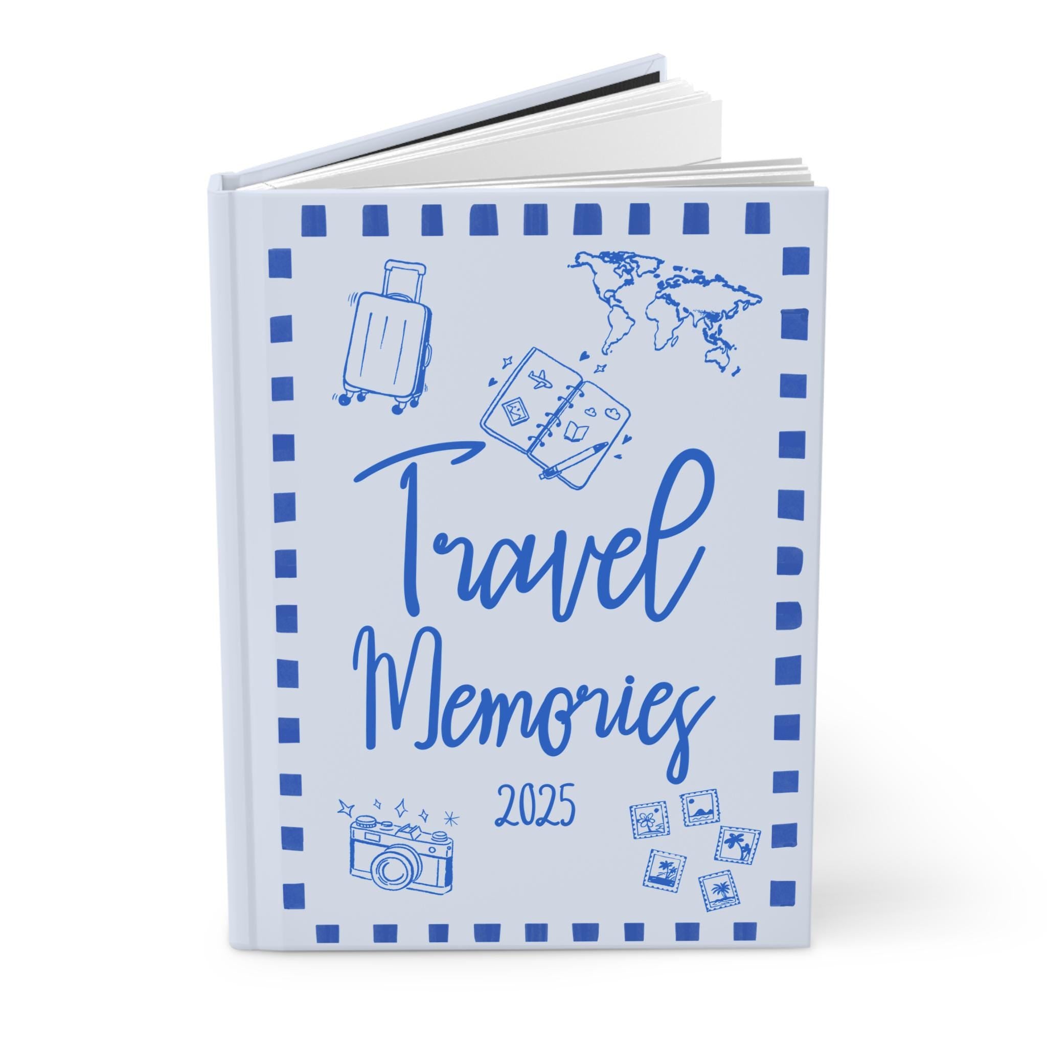 Whimsical travel journal with doodle-style cover, perfect for documenting 2025 world trip memories or gifting to a travel lover