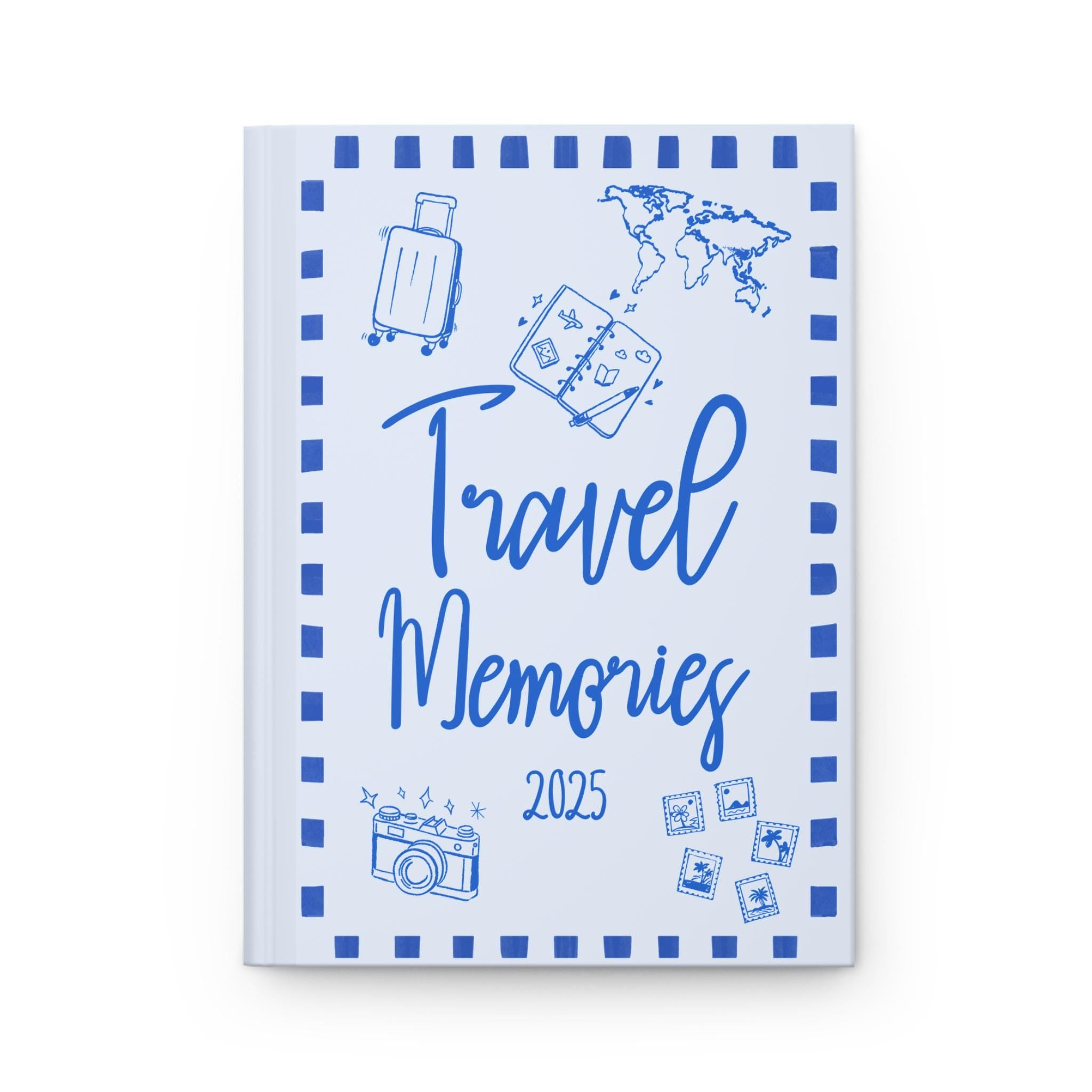 Whimsical travel journal with doodle-style cover, perfect for documenting 2025 world trip memories or gifting to a travel lover