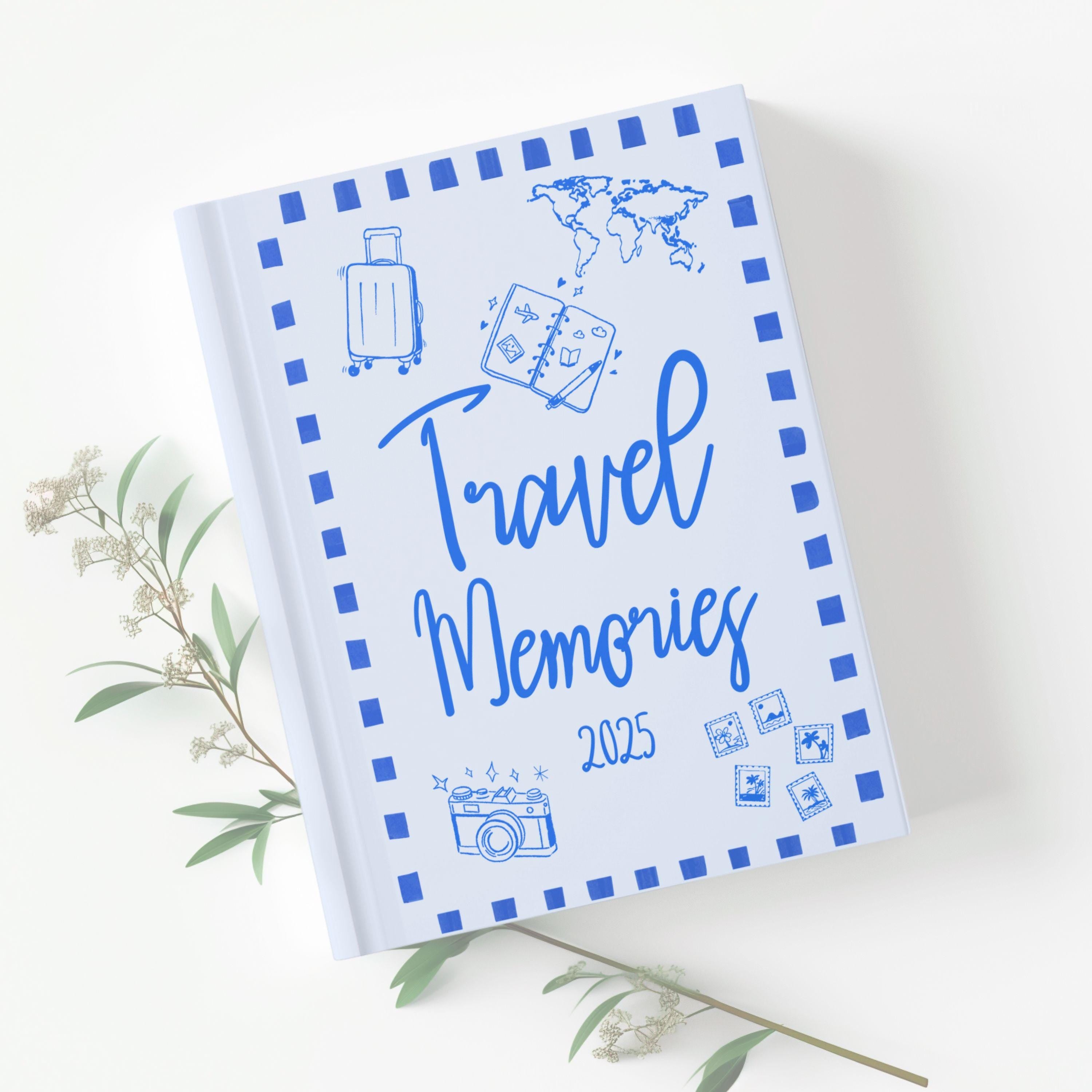 Whimsical travel journal with doodle-style cover, perfect for documenting 2025 world trip memories or gifting to a travel lover