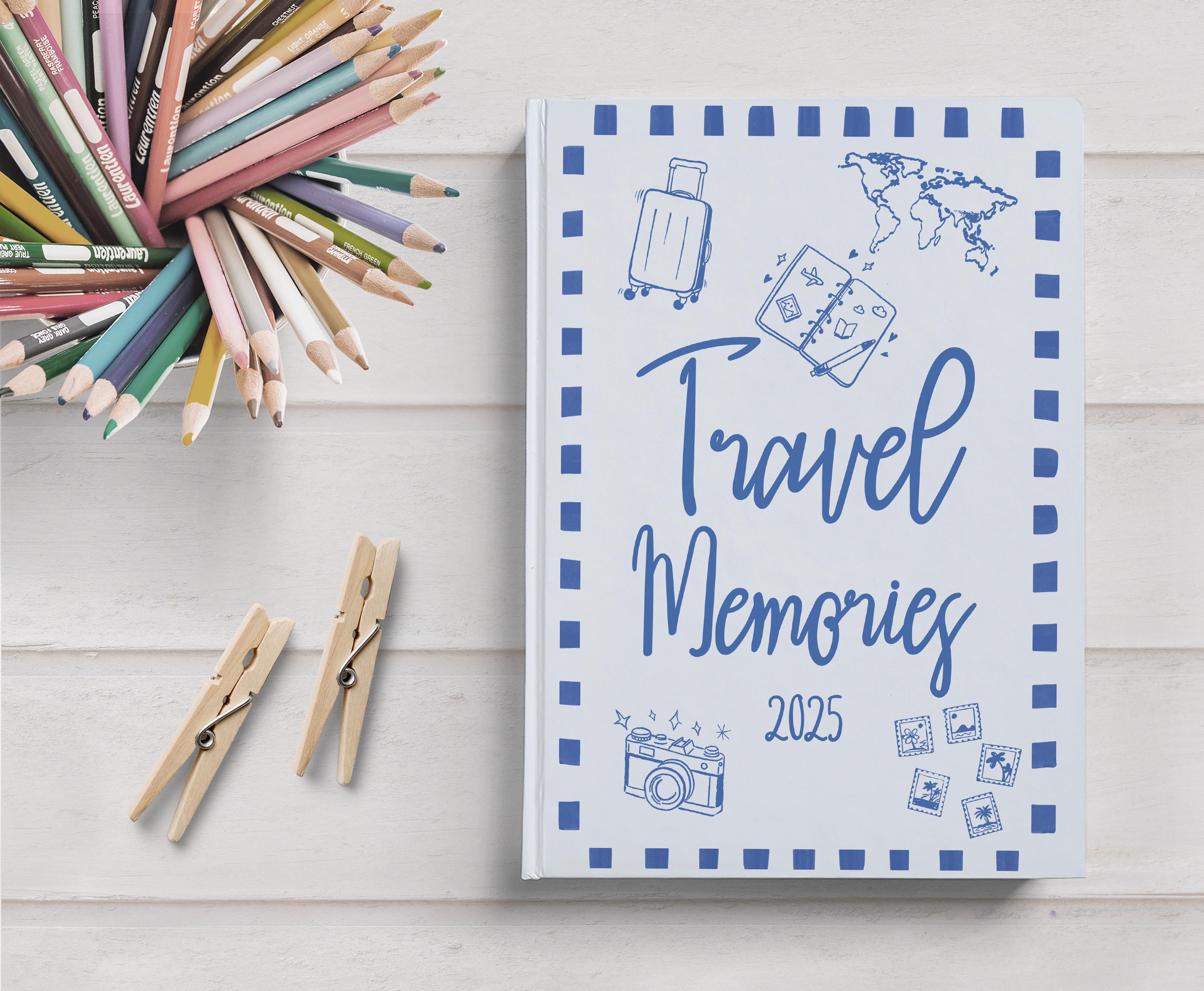 Whimsical travel journal with doodle-style cover, perfect for documenting 2025 world trip memories or gifting to a travel lover