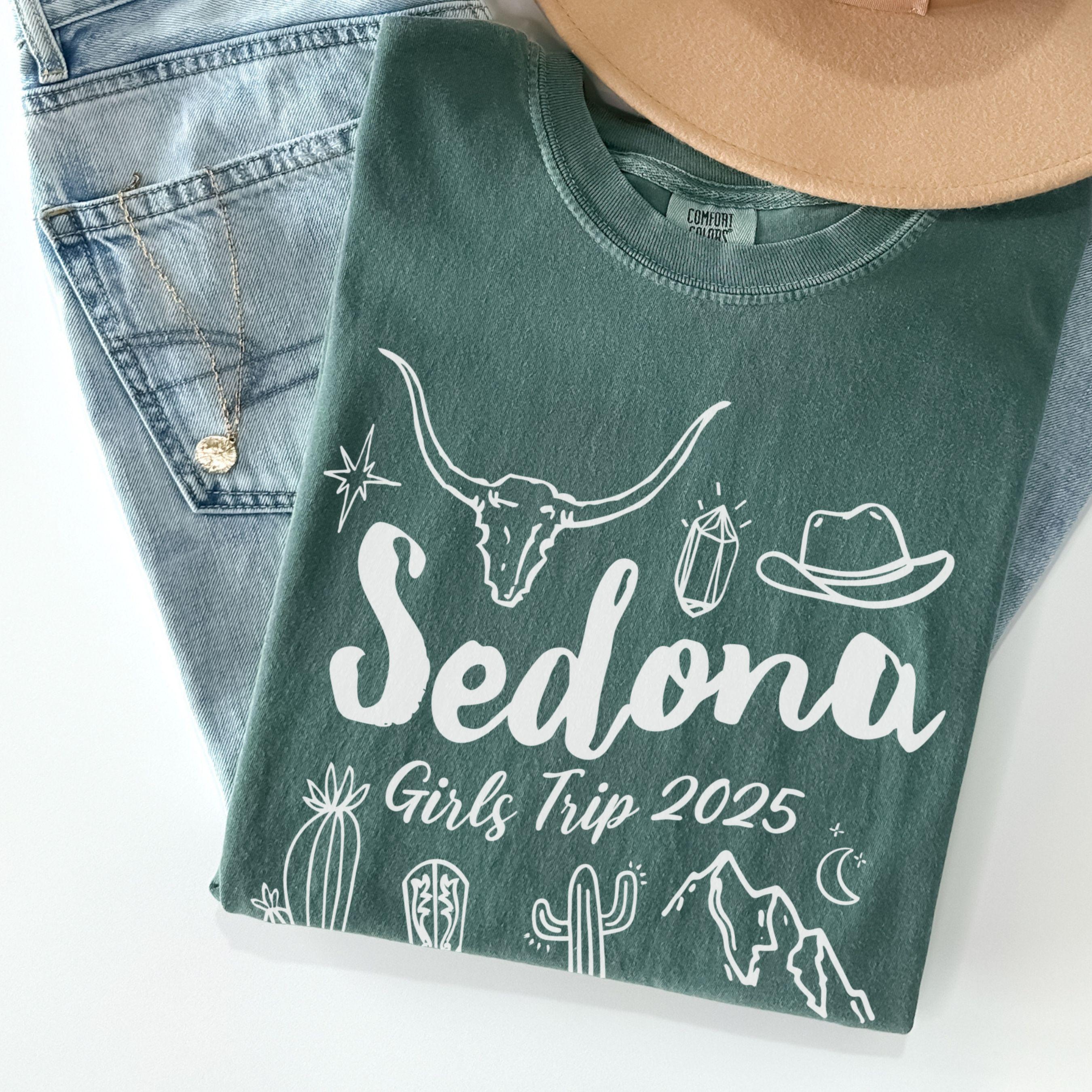 Matching Sedona Arizona desert girls weekend trip shirt with Western doodle design, featuring cactus and skull on Comfort Colors Blue Spruce