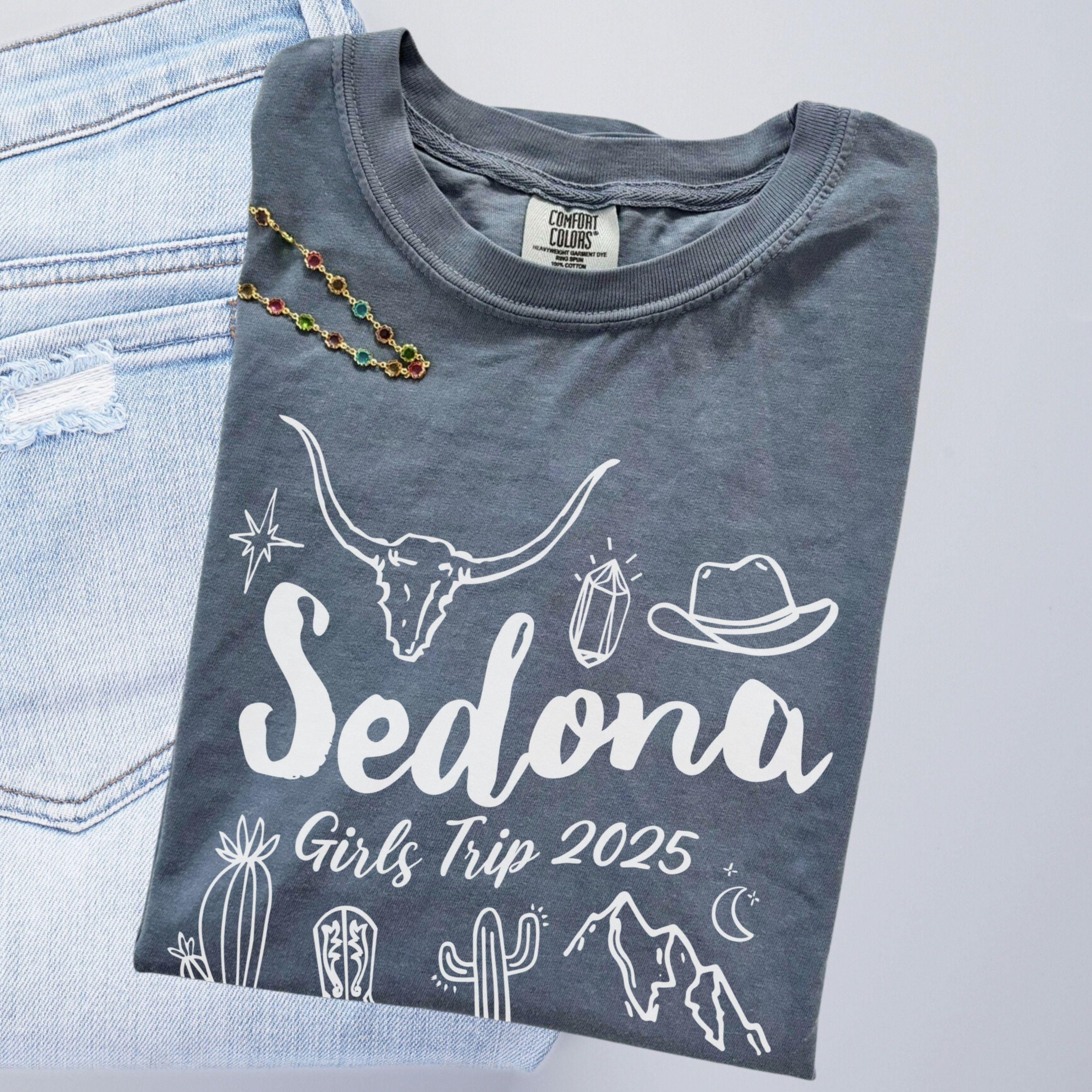 Matching Sedona Arizona desert girls weekend trip shirt with Western doodle design, featuring cactus and skull on Comfort Colors Blue Jean