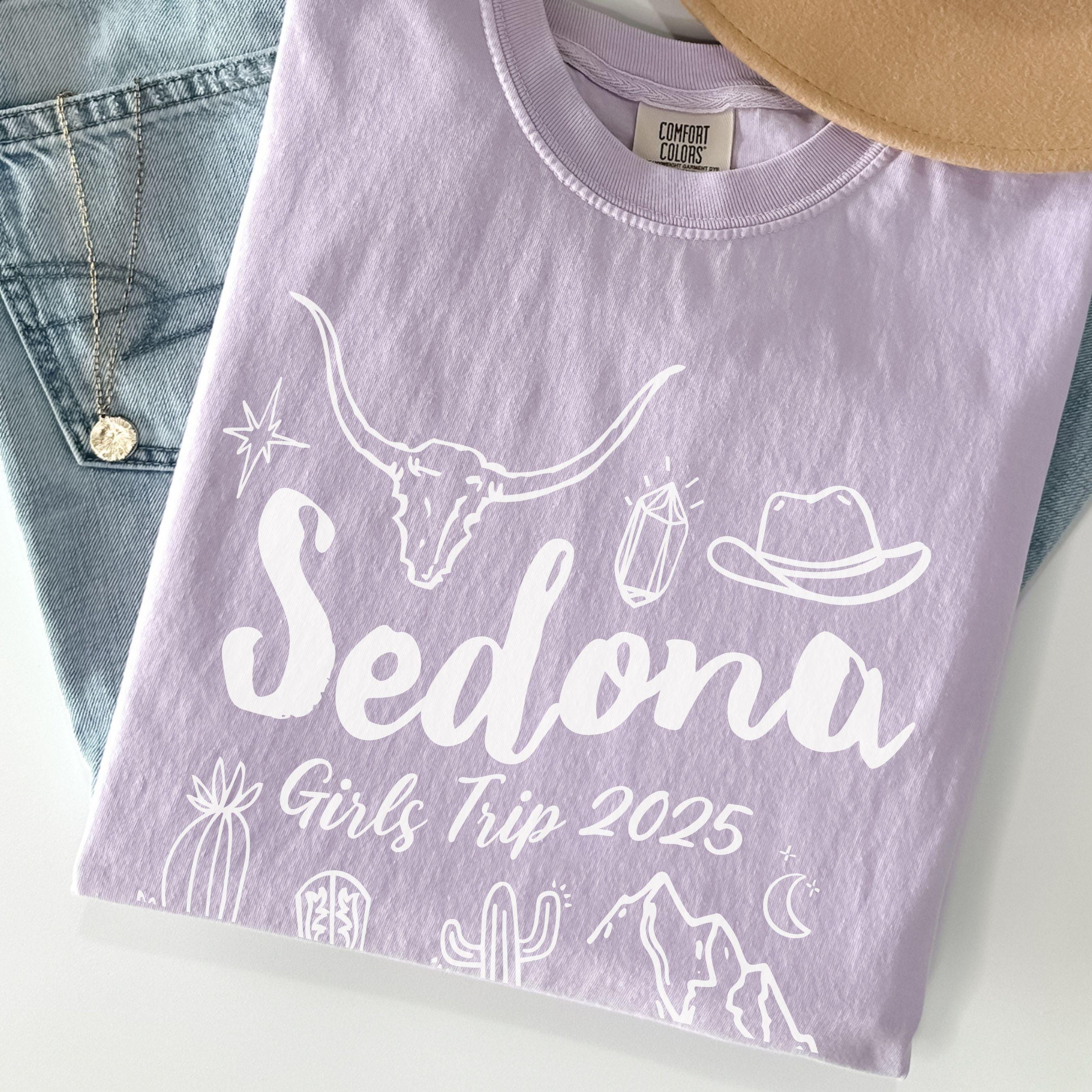 Matching Sedona Arizona desert girls weekend trip shirt with Western doodle design, featuring cactus and skull on Comfort Colors Orchid