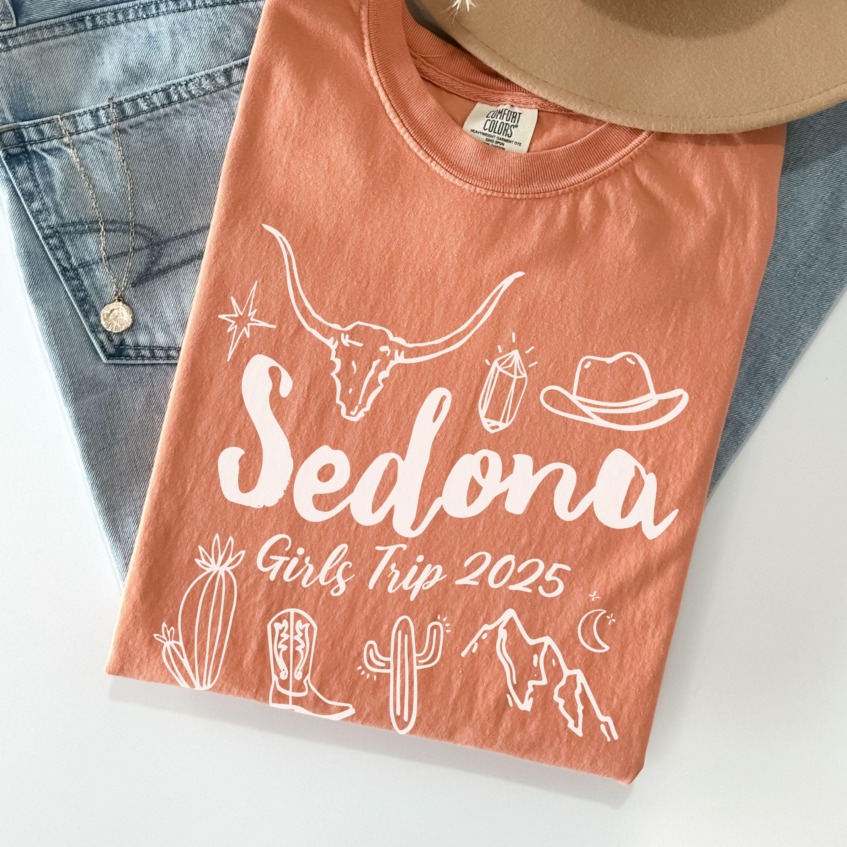 Matching Sedona Arizona desert girls weekend trip shirt with Western doodle design, featuring cactus and skull on Comfort Colors Terracotta