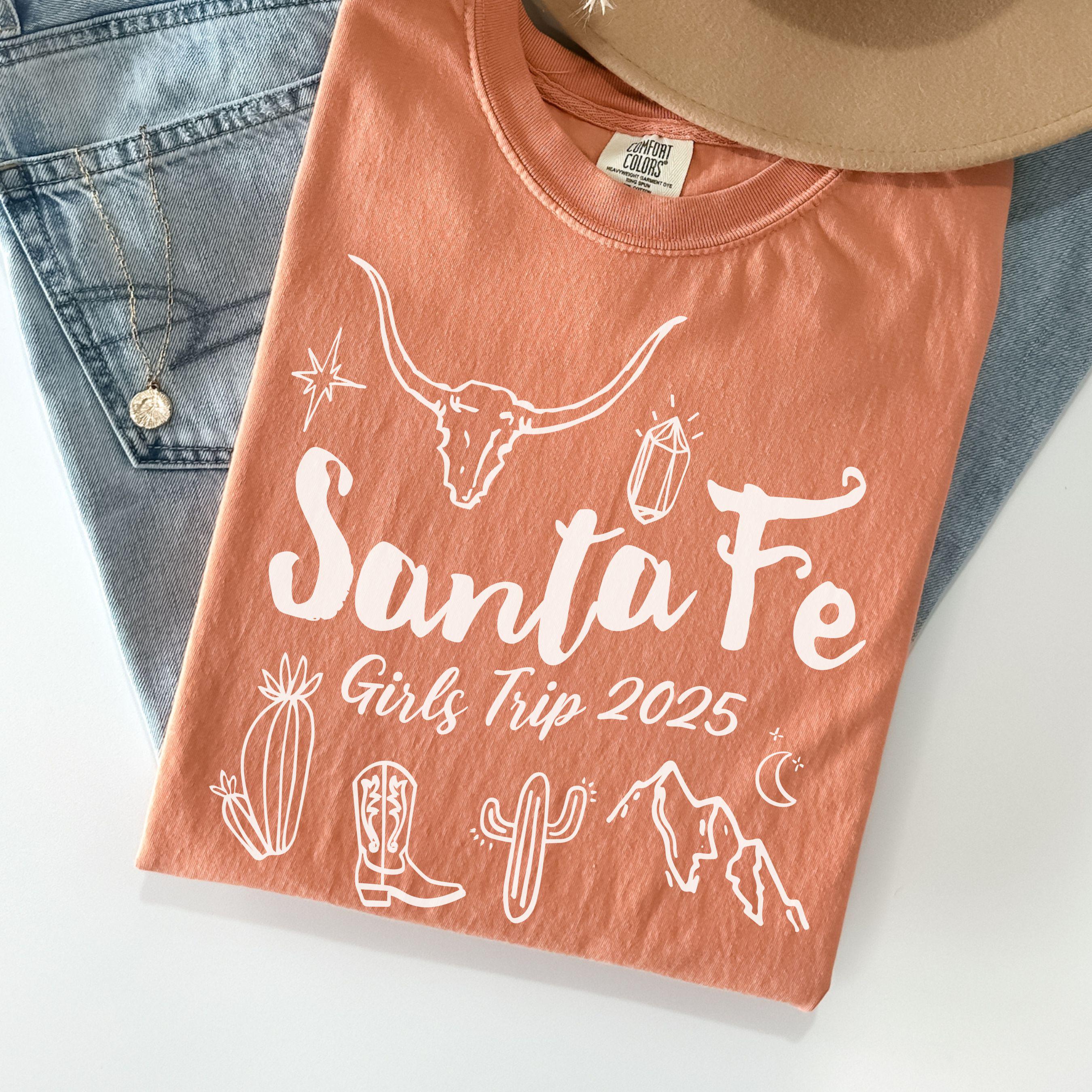 Matching Santa Fe desert girls weekend trip shirt with Western doodle design, featuring cactus and skull on Comfort Colors Terracotta