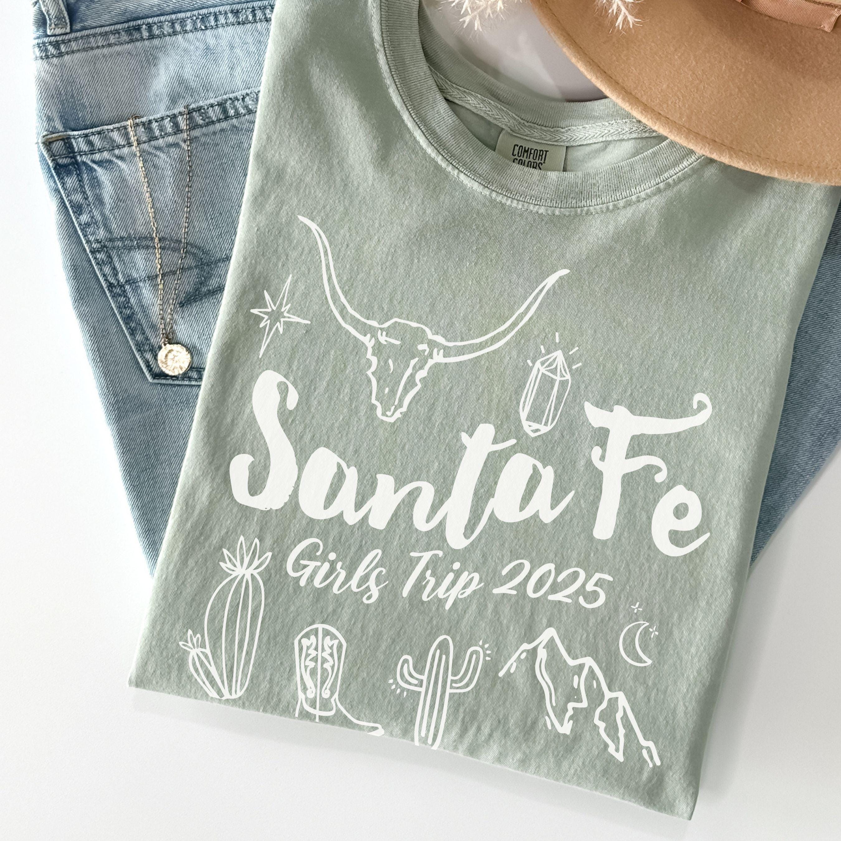 Matching Santa Fe desert girls weekend trip shirt with Western doodle design, featuring cactus and skull on Comfort Colors Bay