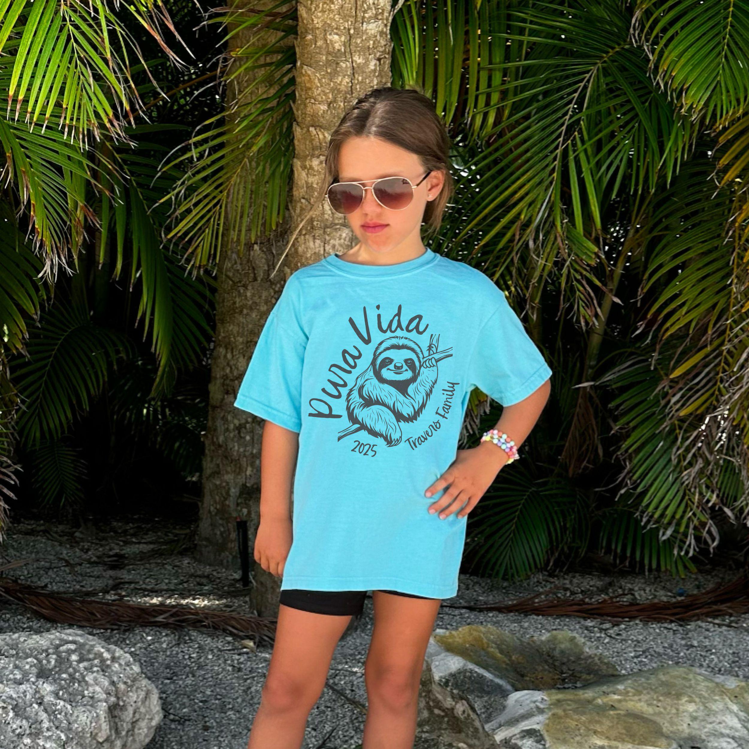Costa Rica Pura Vida sloth design on Comfort Colors Lagoon Blue matching family vacation shirt.