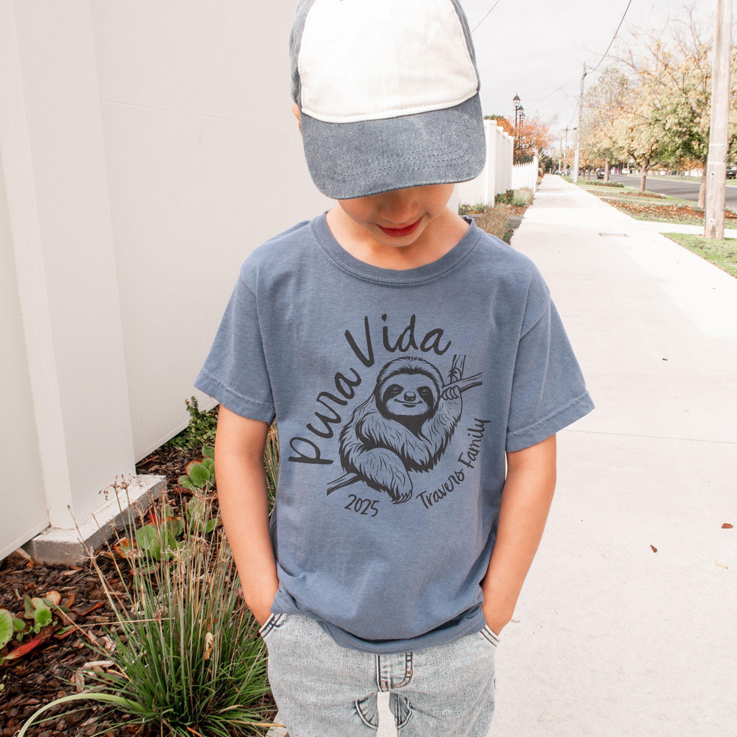 Costa Rica Pura Vida sloth design on Comfort Colors Blue Jean matching family vacation shirt.