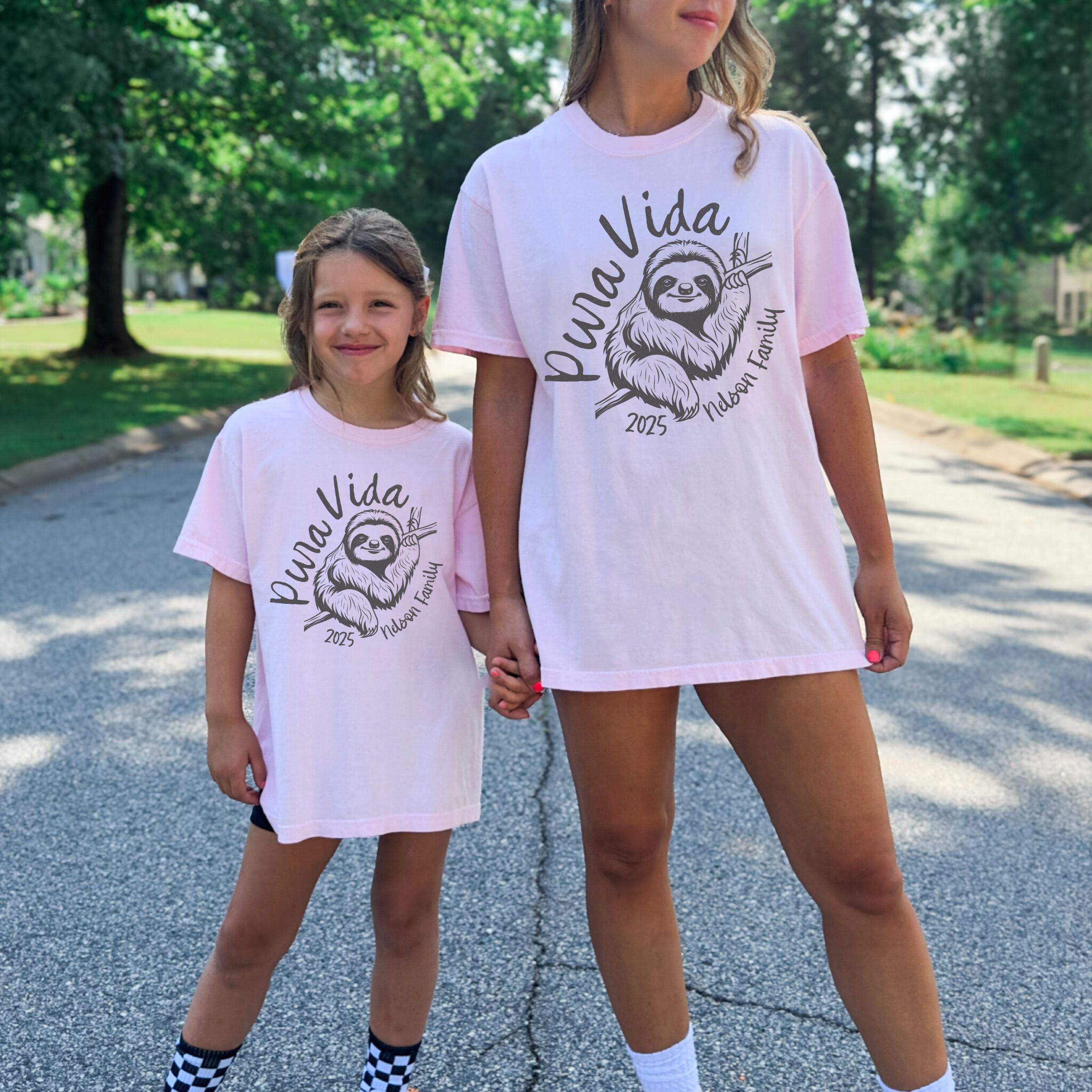 Costa Rica Pura Vida sloth design on Comfort Colors Blossom matching mother daughter vacation shirt