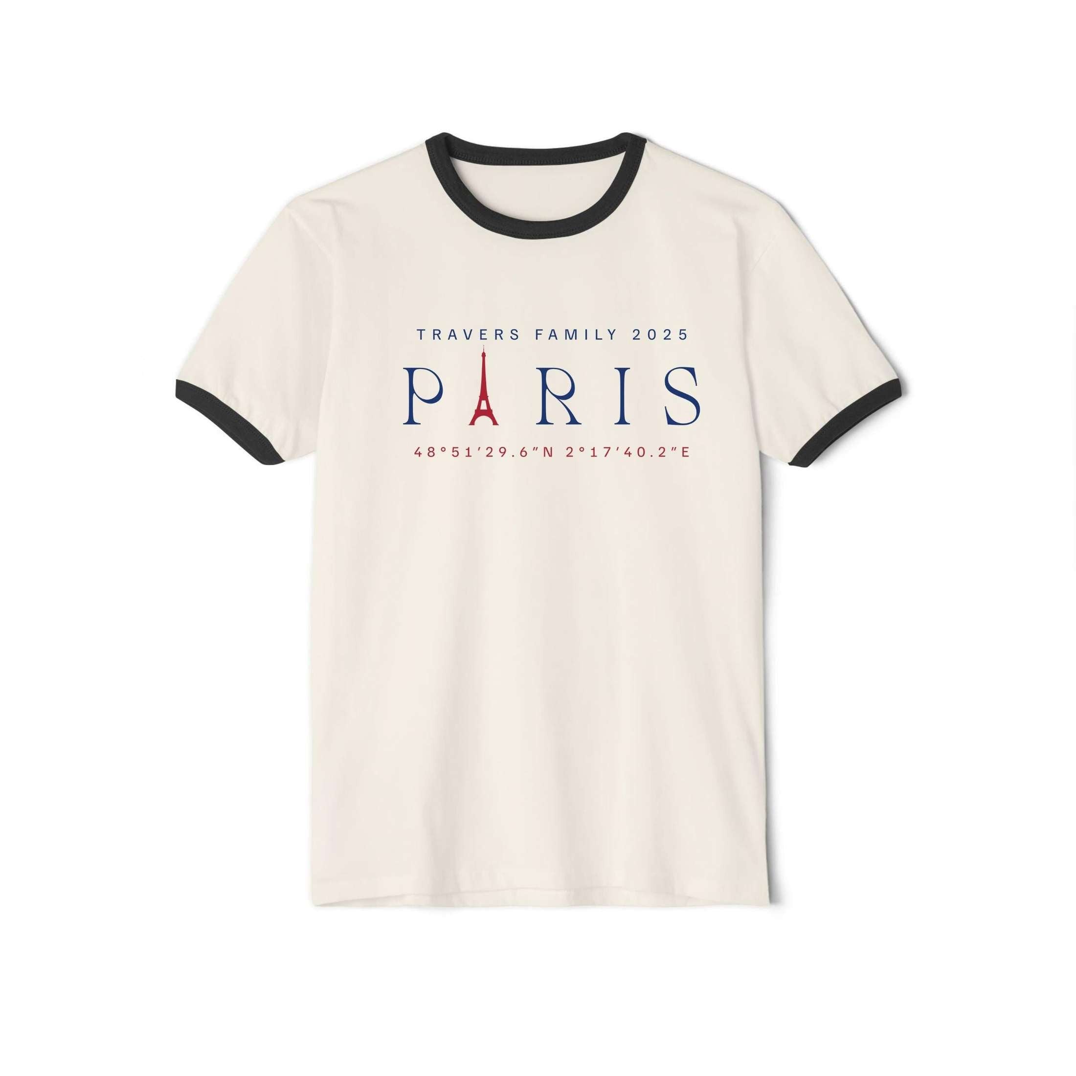 Custom Paris ringer tee with Eiffel Tower graphic, retro-style ringer shirt for matching family vacation and trips to Europe
