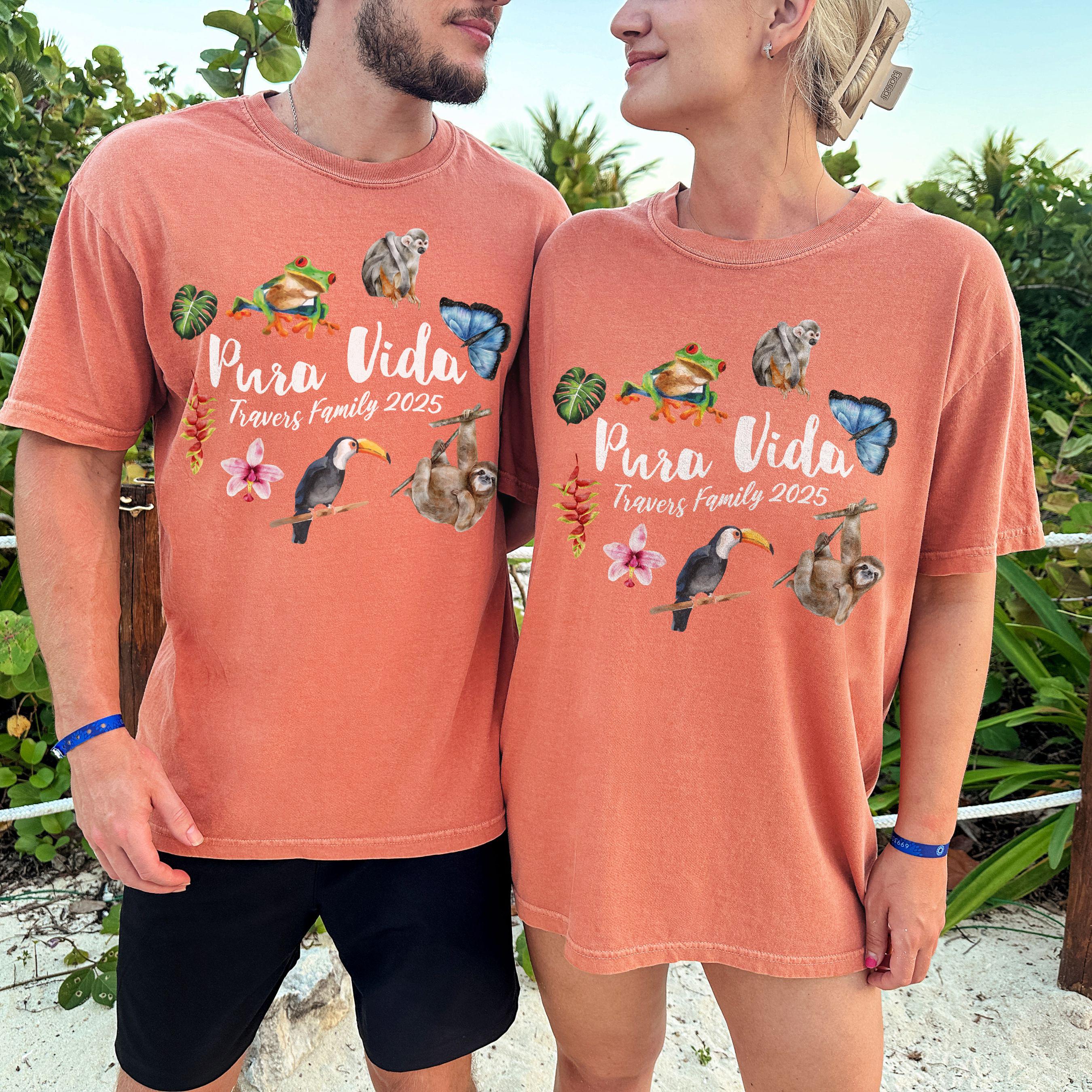 Costa Rica Pura Vida sloth and toucan design on Comfort Colors Terracotta matching couple vacation shirt.