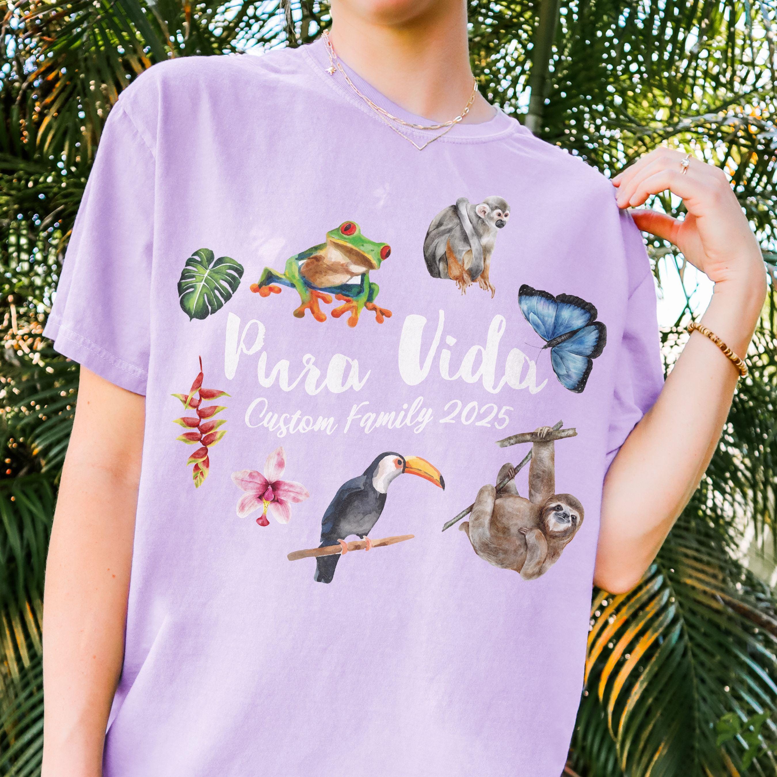 Costa Rica Pura Vida sloth and toucan design on Comfort Colors Orchid matching family vacation shirt.