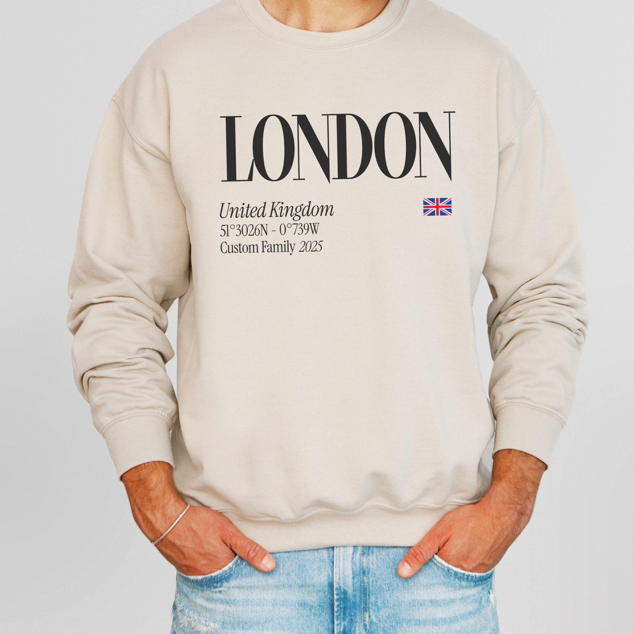 man wearing custom matching family London shirts for UK England vacation. Shown in Sand crewneck sweatshirt
