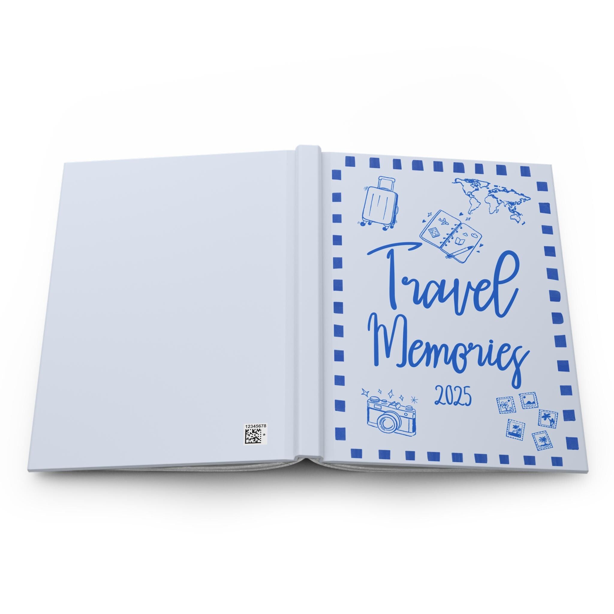 Whimsical travel journal with doodle-style cover, perfect for documenting 2025 world trip memories or gifting to a travel lover
