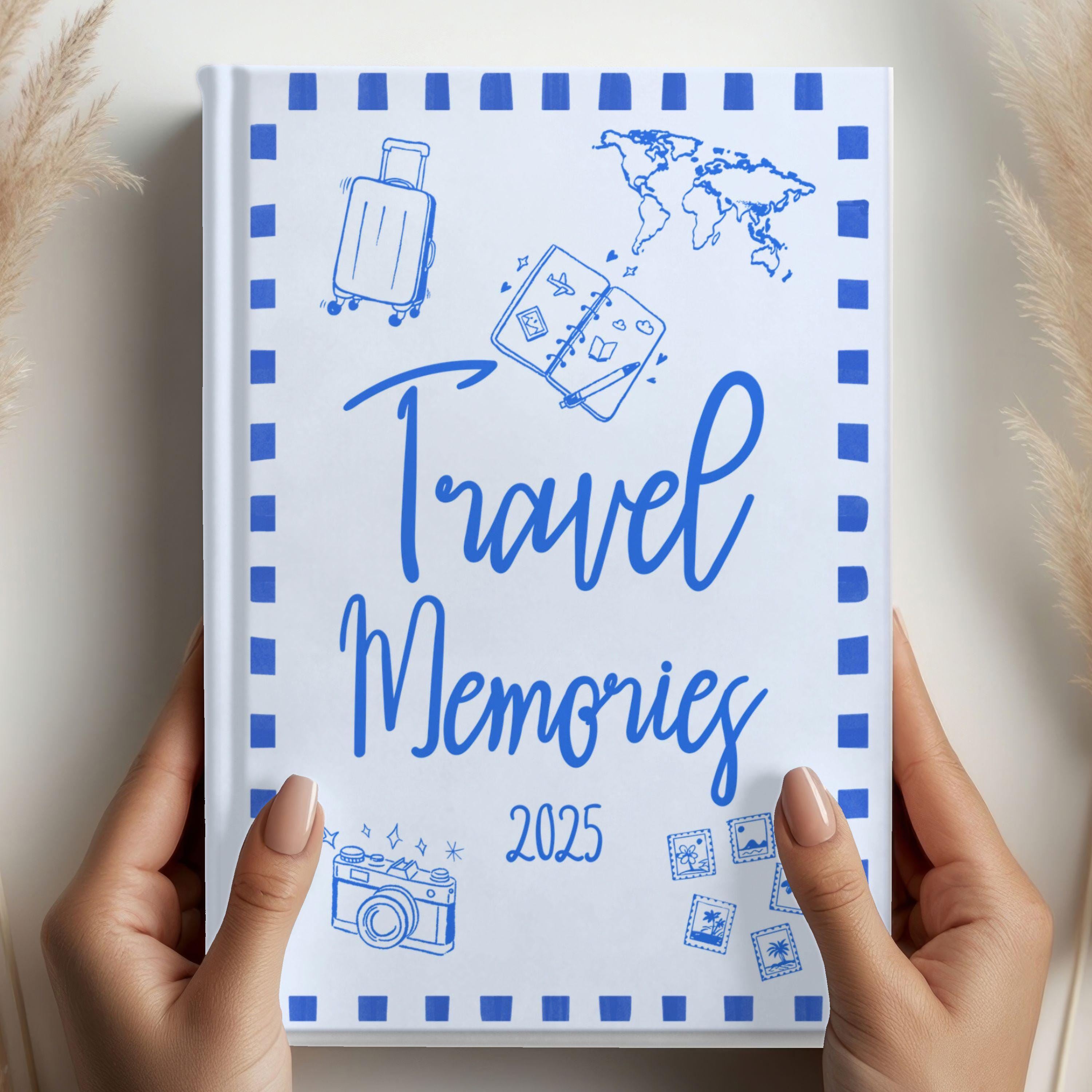 Whimsical travel journal with doodle-style cover, perfect for documenting 2025 world trip memories or gifting to a travel lover