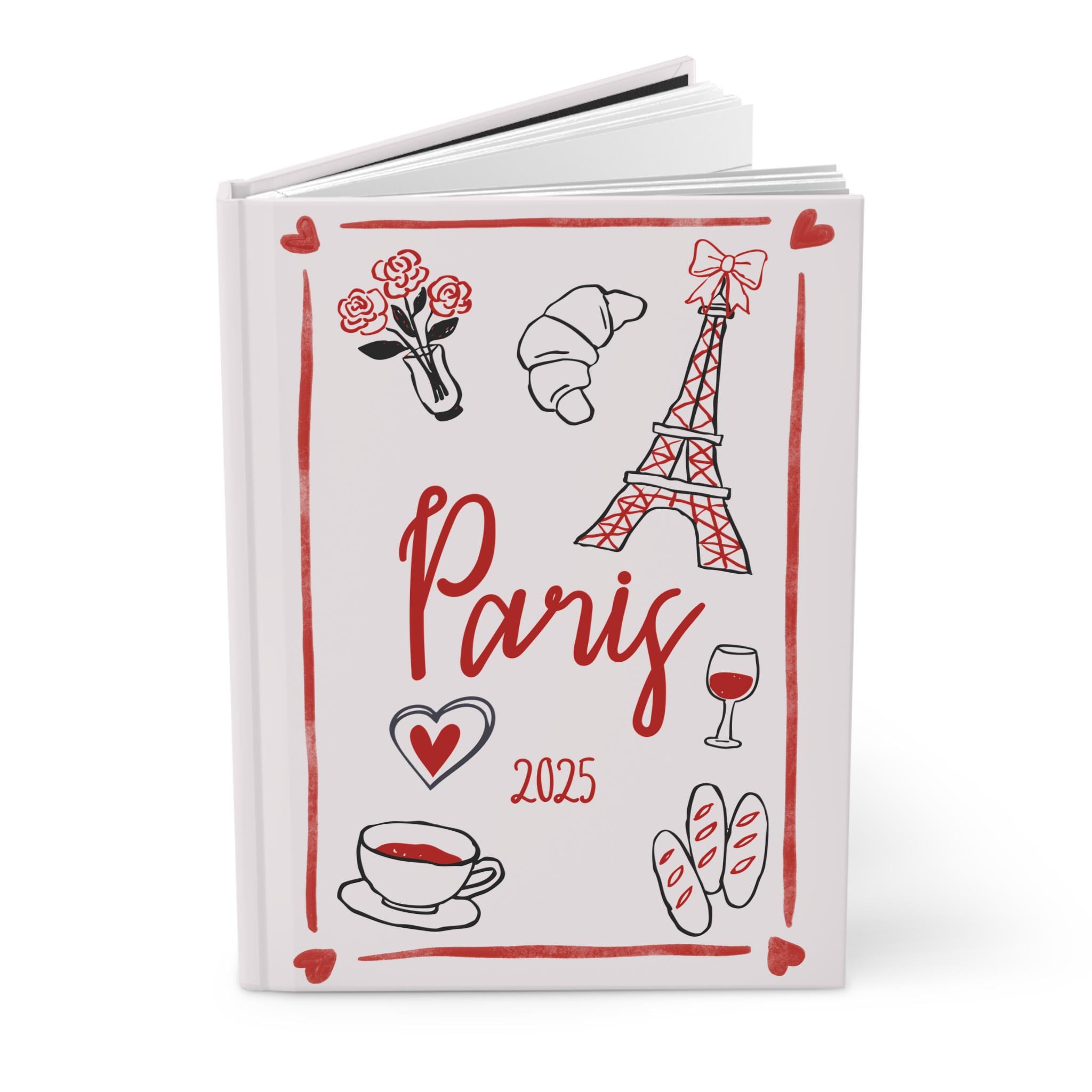 Cute Paris-themed trip journal with France trip illustrations, a perfect memento or gift for travel lover