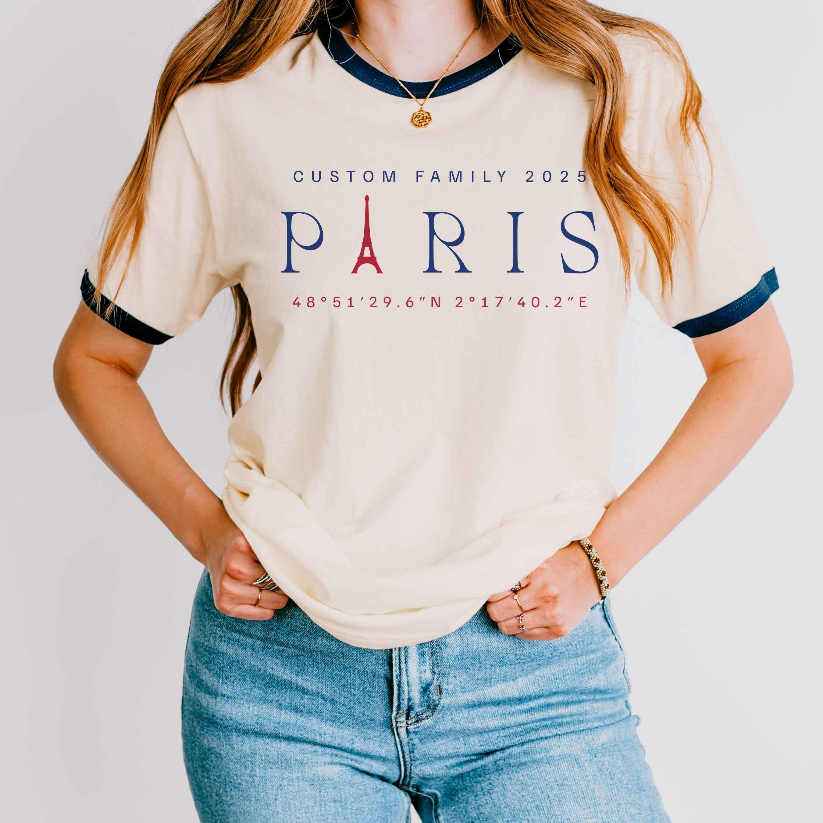 Custom Paris ringer tee with Eiffel Tower graphic, retro-style ringer shirt for matching family vacation and trips to Europe
