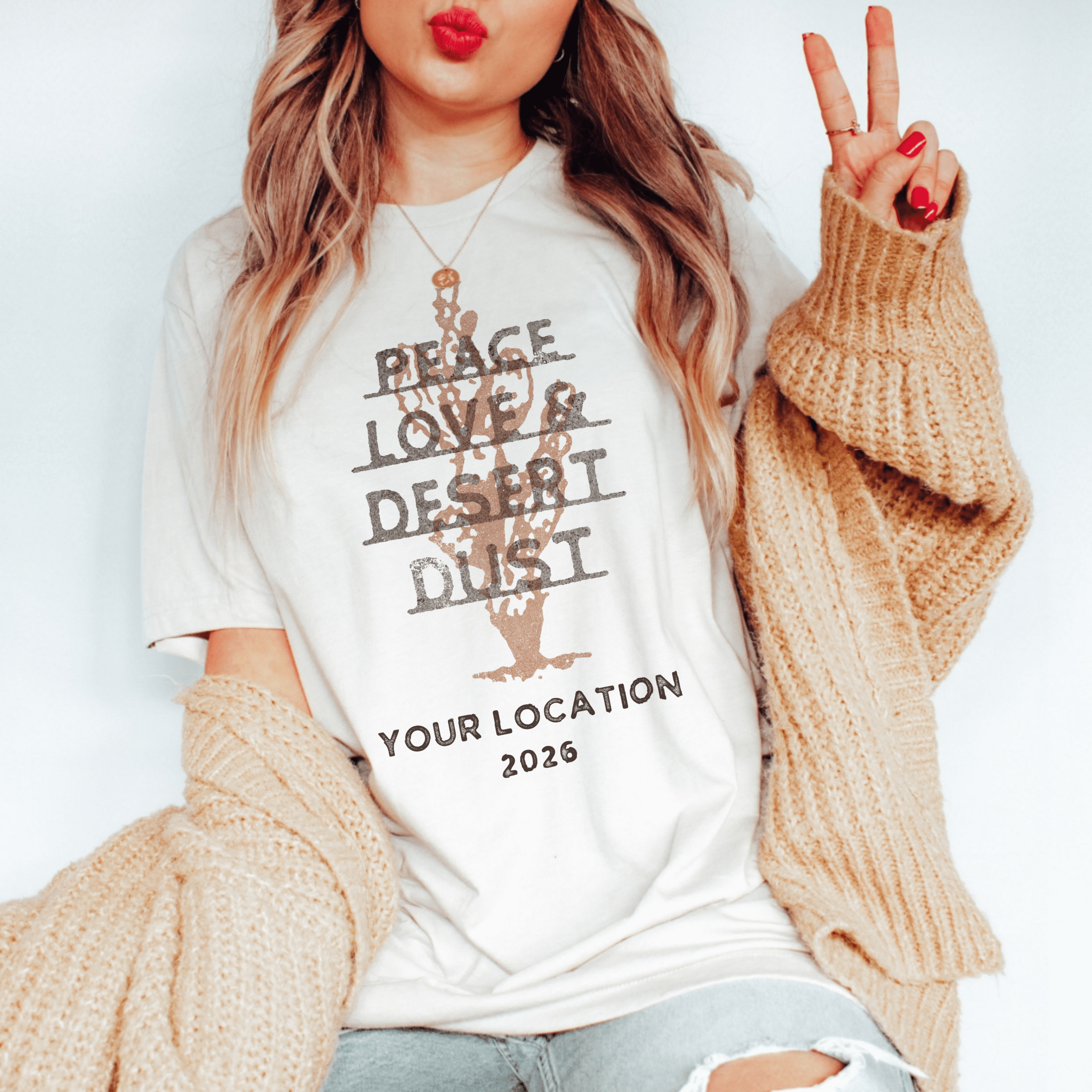 Woman wearing Custom matching group Southwestern boho style girls trip shirt with desert dust design on white tshirt