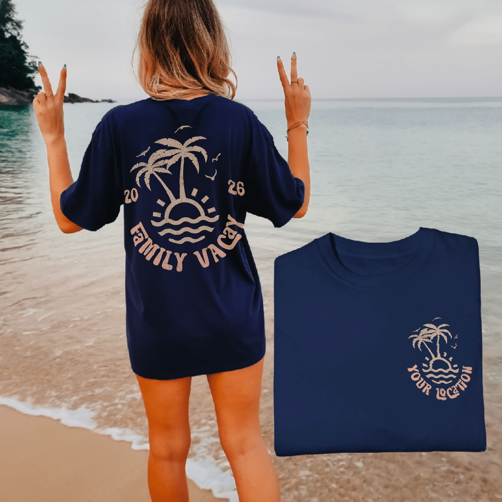 Woman wearing custom matching family beach vacation shirt with peach retro palm tree design in comfort colors navy