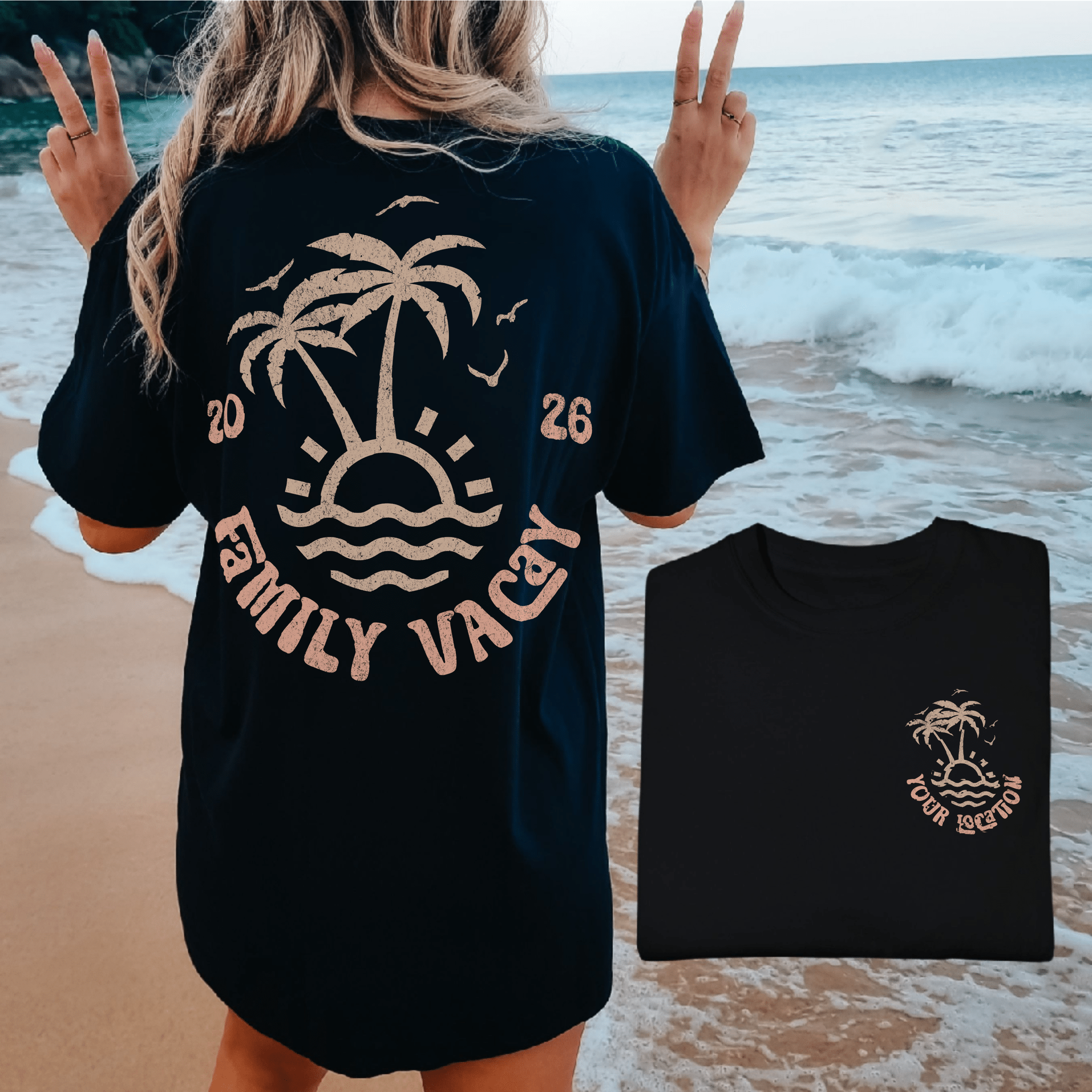 Woman wearing custom matching family beach vacation shirt with peach retro palm tree design in comfort colors black