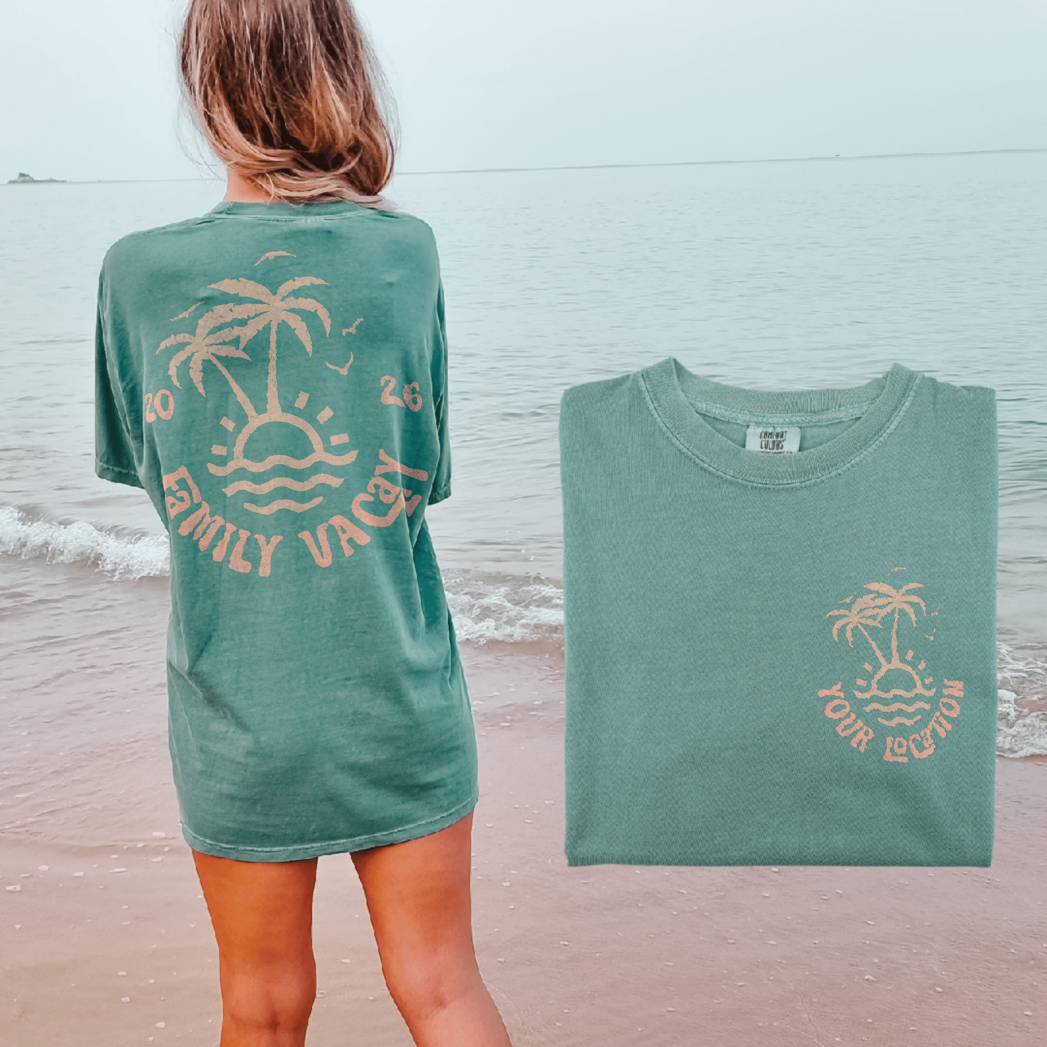 Woman wearing custom matching family beach vacation shirt with peach retro palm tree design in comfort colors light green