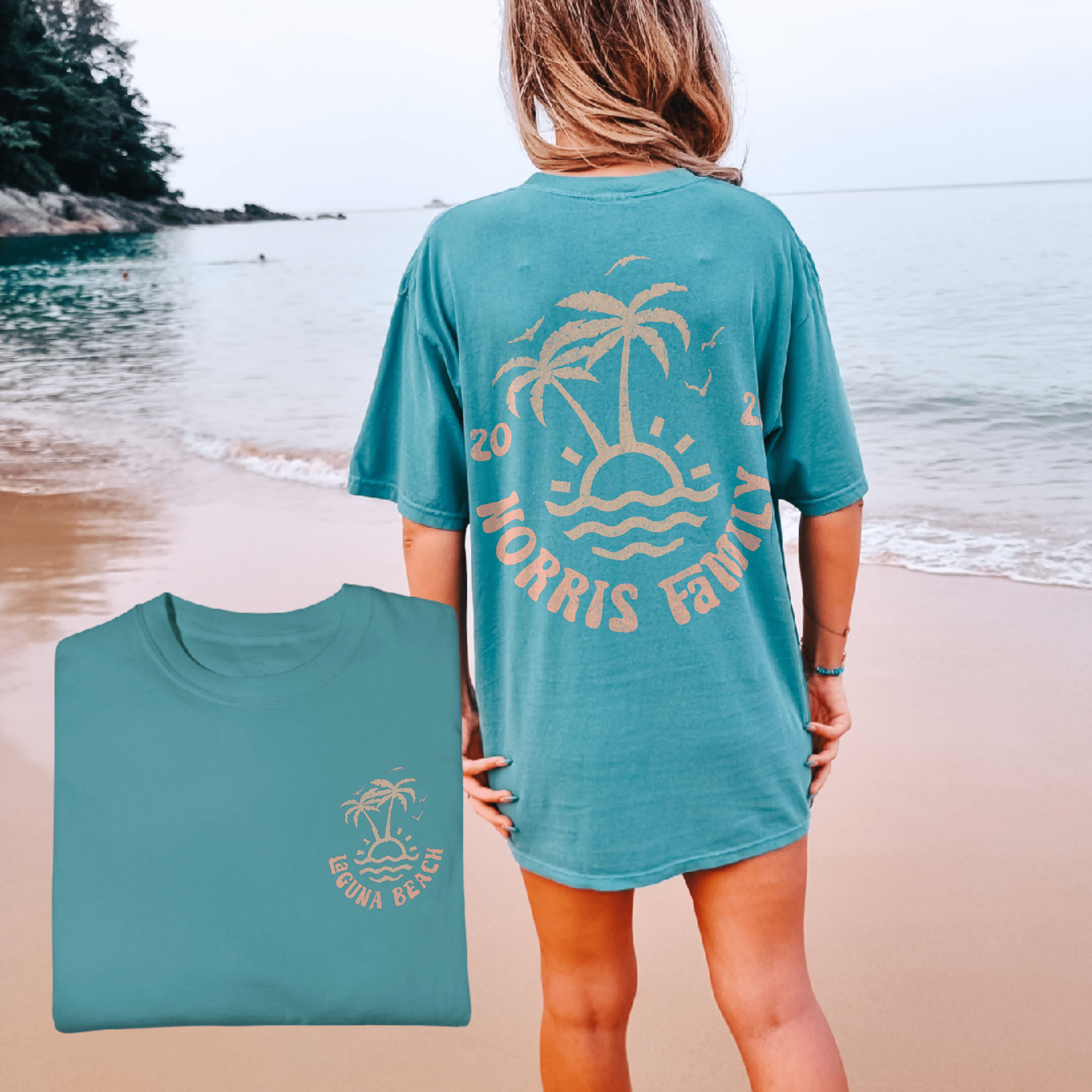 Woman wearing custom matching family beach vacation shirt with peach retro palm tree design in comfort colors seafoam