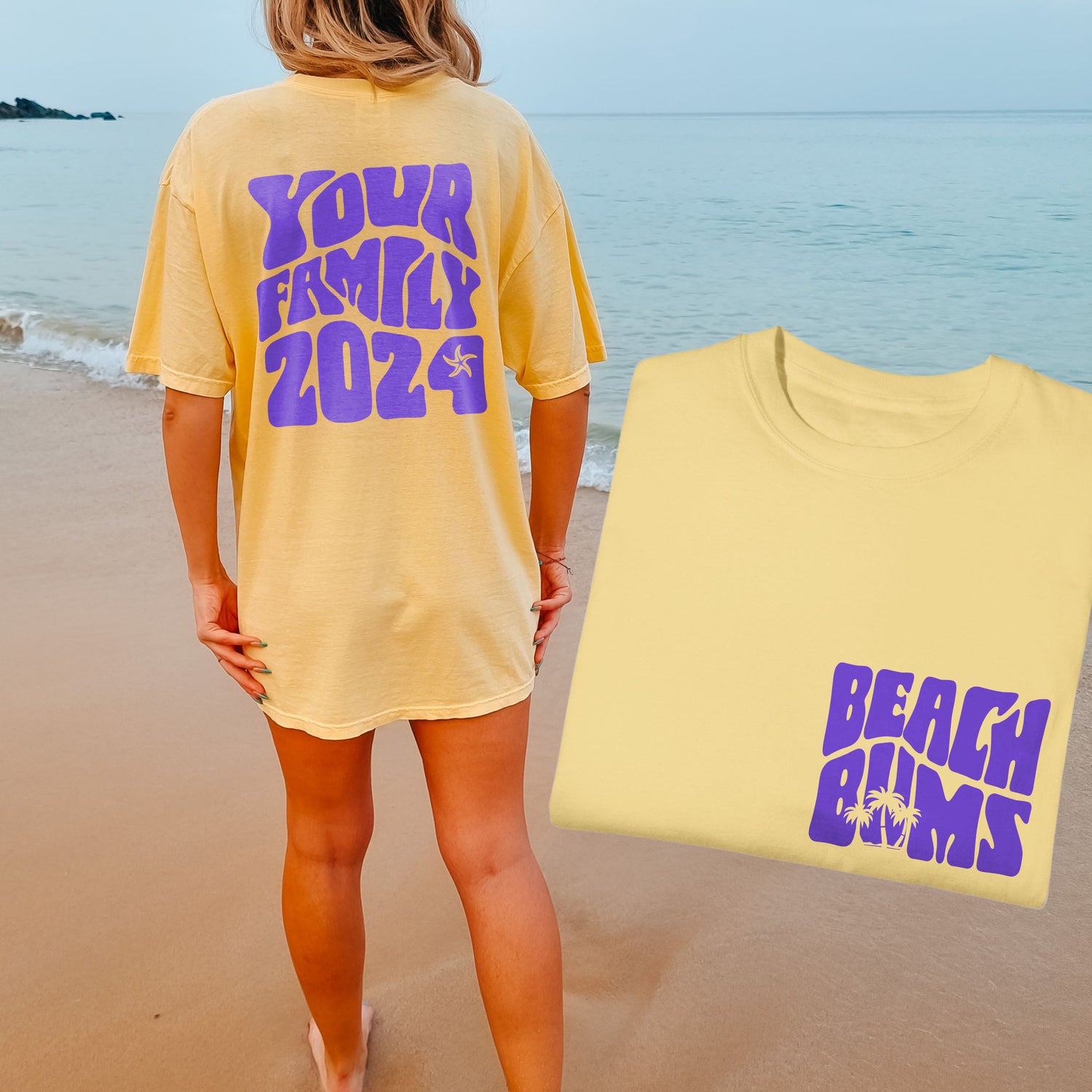 Woman wearing matching family vacation shirt with retro beach bums design in comfort colors butter
