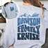 Woman wearing custom matching family Alaska cruise shirt for group Alaskan vacation. Shown in gray crewneck sweatshirt