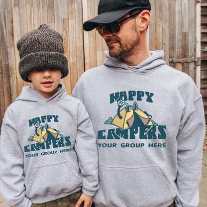 Custom Matching Happy Camper Shirts- Personalized Camping Trip Hoodies, Crewneck &amp; Tshirt, Toddler Kids Adult Size Vacation Adventure