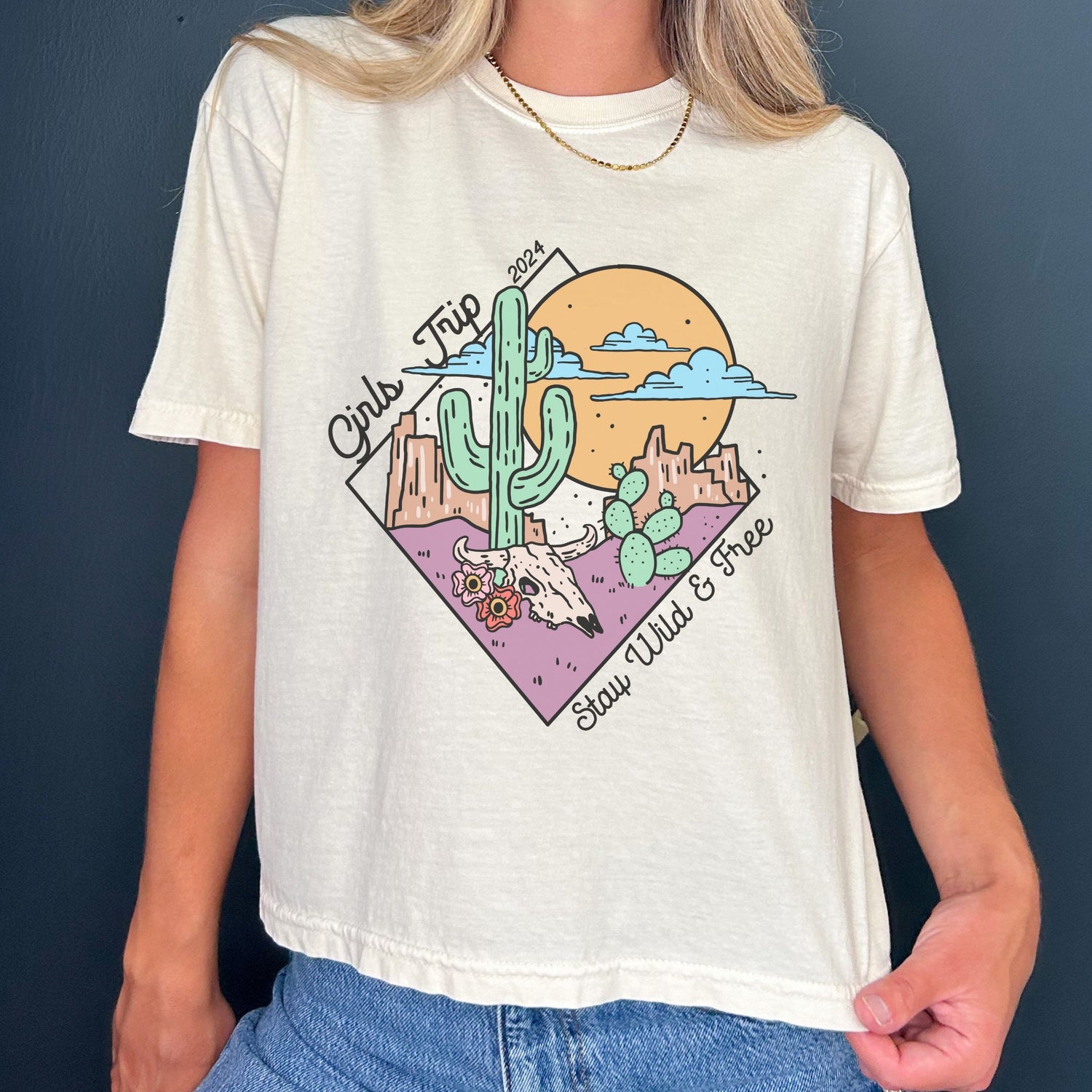 Custom Desert Comfort Colors® Cropped TShirt, Personalized Matching Girls Trip Bachelorette Tee, Boho Retro Cactus Cow Skull Group Vacation