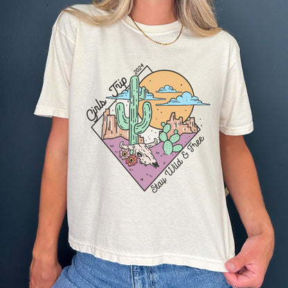 Custom Desert Comfort Colors® Cropped TShirt, Personalized Matching Girls Trip Bachelorette Tee, Boho Retro Cactus Cow Skull Group Vacation