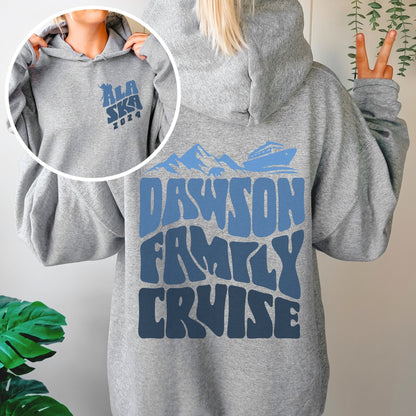 Woman wearing custom matching family Alaska cruise shirt for group Alaskan vacation. Shown in gray hoodie sweatshirt