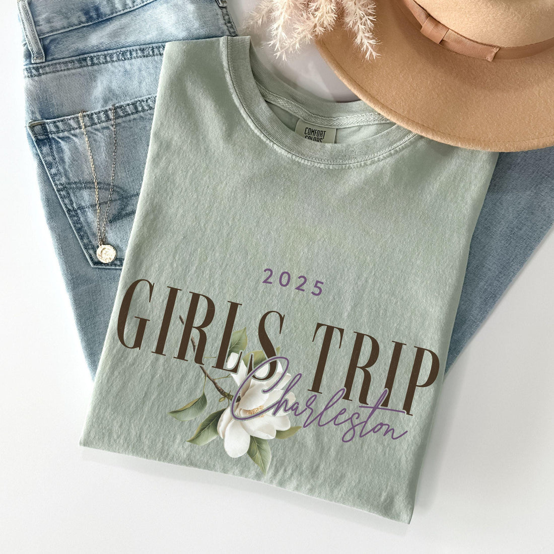 Charleston Girls Trip Shirts, Comfort Colors® Southern Magnolia Flower Shirt Preppy South Carolina Matching Group Vacation Tshirts