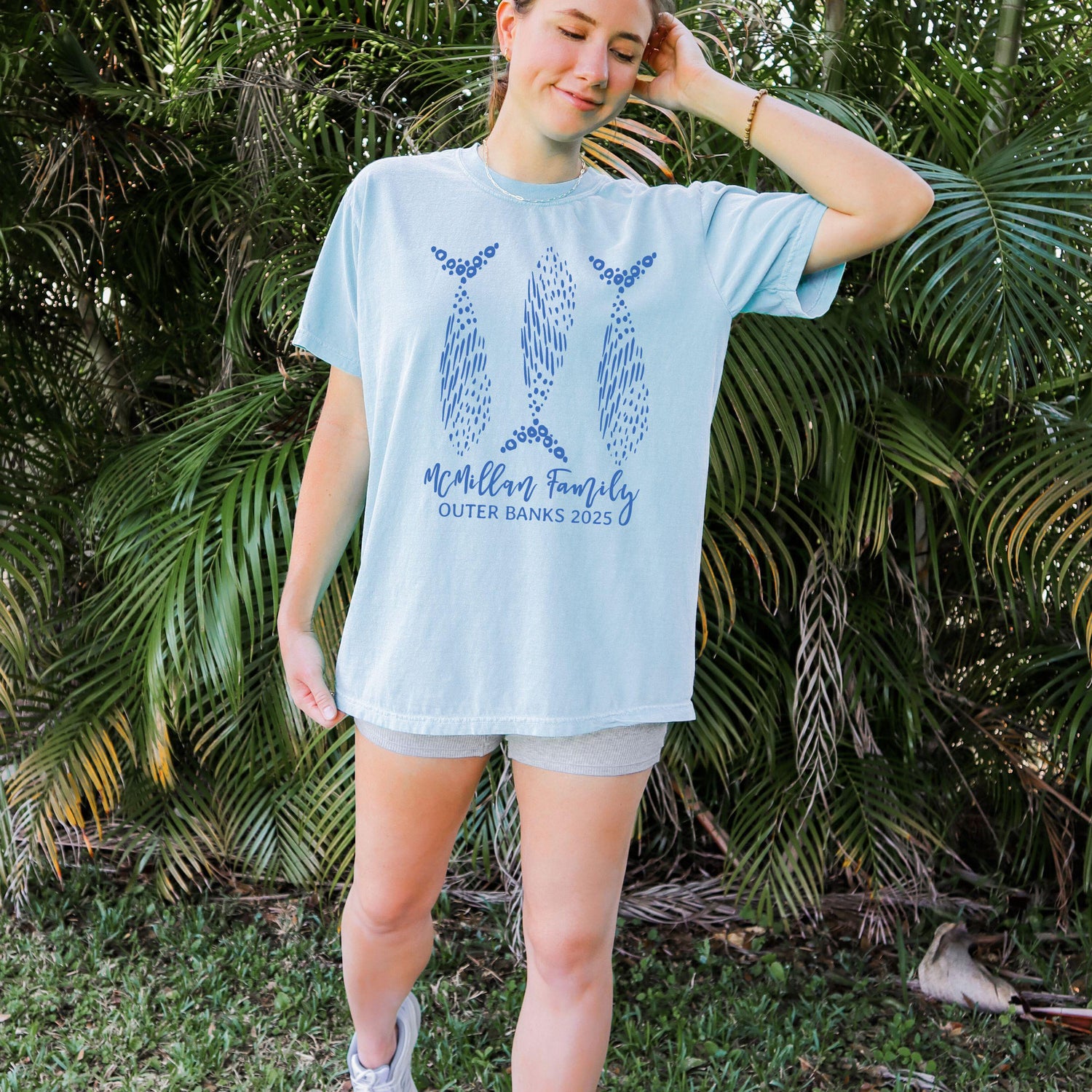 Fisherman aesthetic coastal ocean beachy family matching vacation shirts fish doodle preppy east coast kids adults unisex toddler infant sizes comfort colors bella canvas