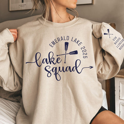 Custom matching family Lake Squad sweatshirt for group lake life vacation with sleeve print for names shown in sand