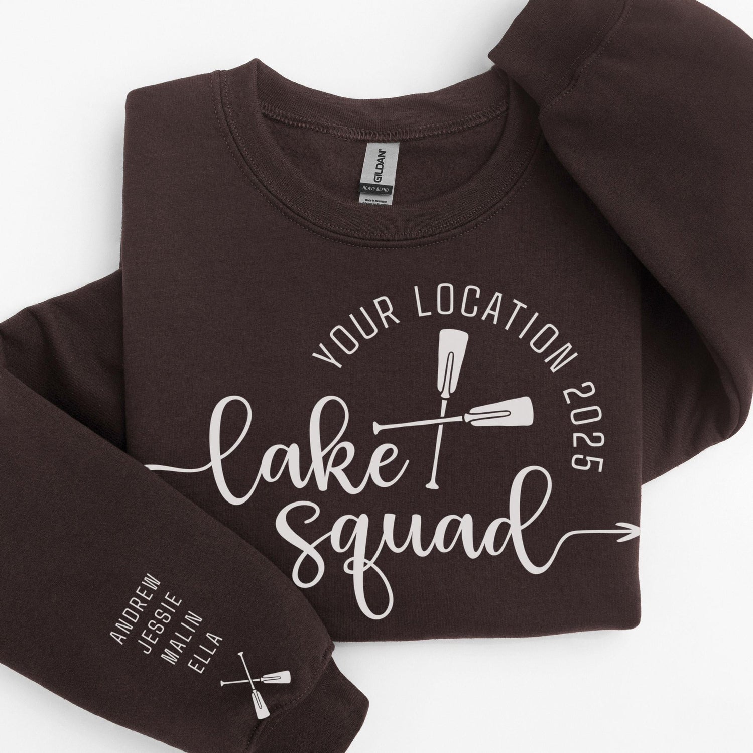 Custom matching family Lake Squad sweatshirt for group lake life vacation with sleeve print for names shown in Dark Chocolate
