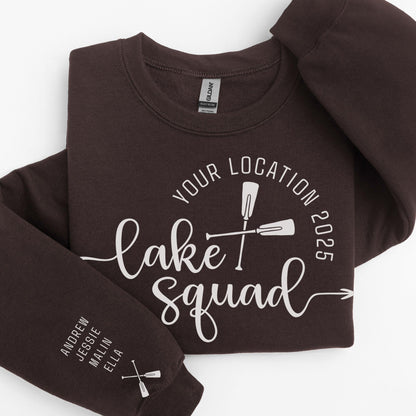 Custom matching family Lake Squad sweatshirt for group lake life vacation with sleeve print for names shown in Dark Chocolate