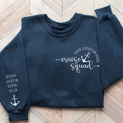Custom matching cruise squad sweatshirt for family or group cruising vacation with sleeve print for names shown in Navy