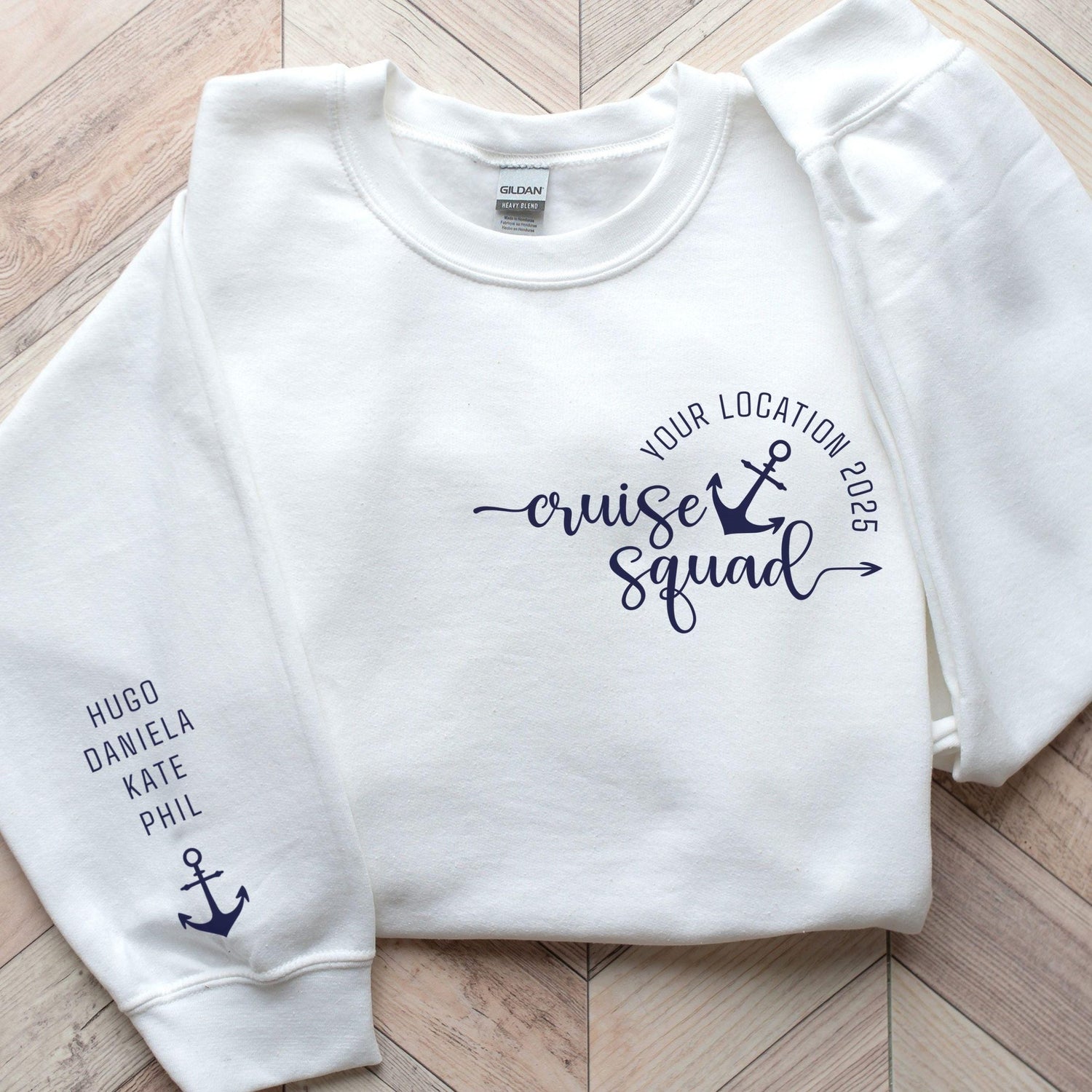 Custom matching cruise squad sweatshirt for family or group cruising vacation with sleeve print for names shown in White