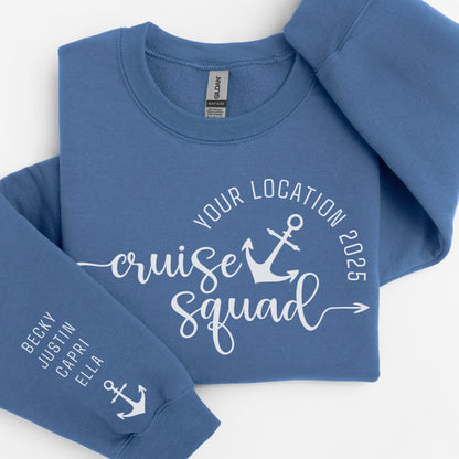 Custom matching cruise squad sweatshirt for family or group cruising vacation with sleeve print for names shown in Indigo