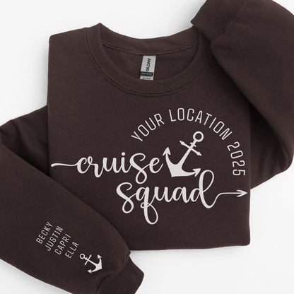 Custom matching cruise squad sweatshirt for family or group cruising vacation with sleeve print for names shown in Dark Chocolate