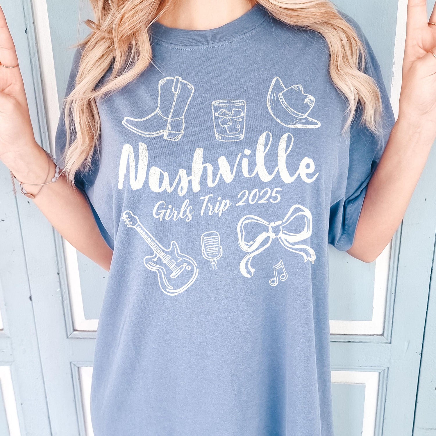 Nashville Girls Trip Shirts, Coquette Bow Comfort Colors® Girls Weekend Southern Travel Doodle TShirt Tennessee Matching Group Vacation