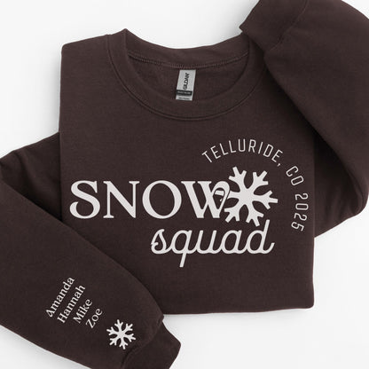 Custom matching family snow Squad sweatshirt for group ski weekend mountain vacation with sleeve print for names shown in dark chocolate