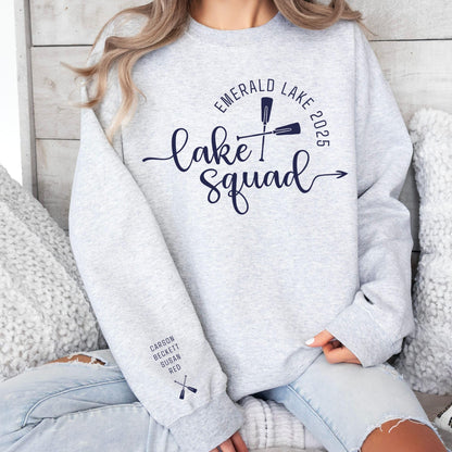 Custom matching family Lake Squad sweatshirt for group lake life vacation with sleeve print for names shown in ash
