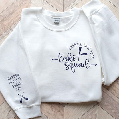 Custom matching family Lake Squad sweatshirt for group lake life vacation with sleeve print for names shown in white