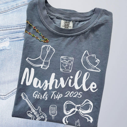 Nashville Girls Trip Shirts, Coquette Bow Comfort Colors® Girls Weekend Southern Travel Doodle TShirt Tennessee Matching Group Vacation