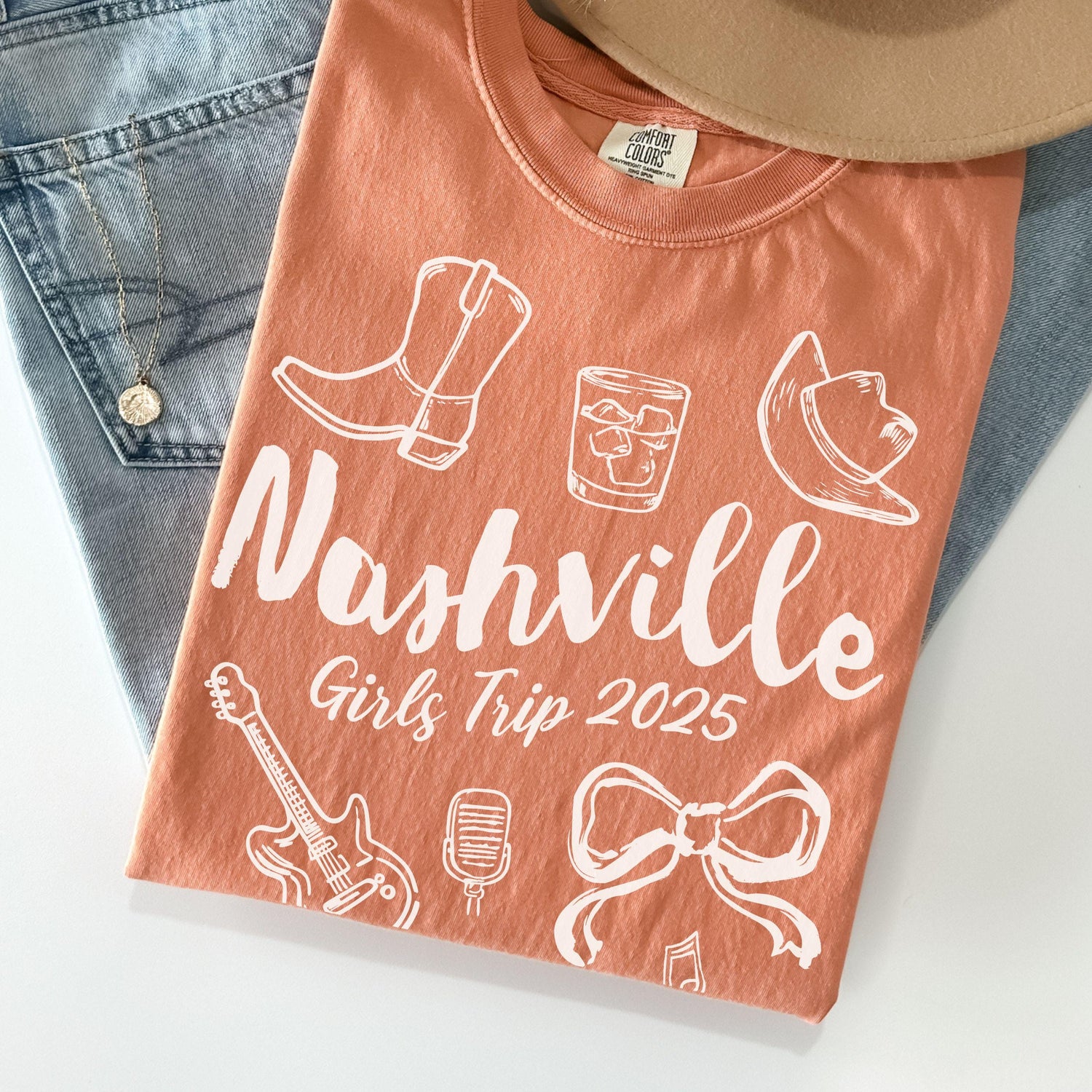 Nashville Girls Trip Shirts, Coquette Bow Comfort Colors® Girls Weekend Southern Travel Doodle TShirt Tennessee Matching Group Vacation